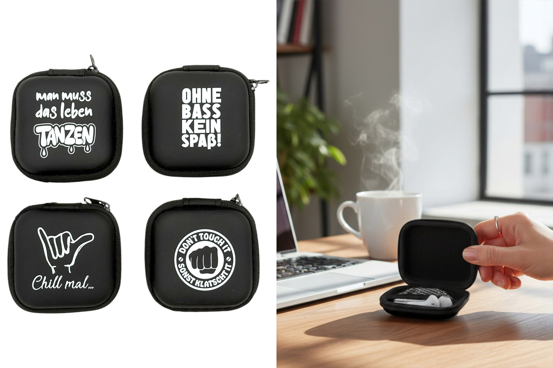 Multimedia-Organizer/ Kopfhörertasche mit Spruch, 7x3x7cm, 4 Designs