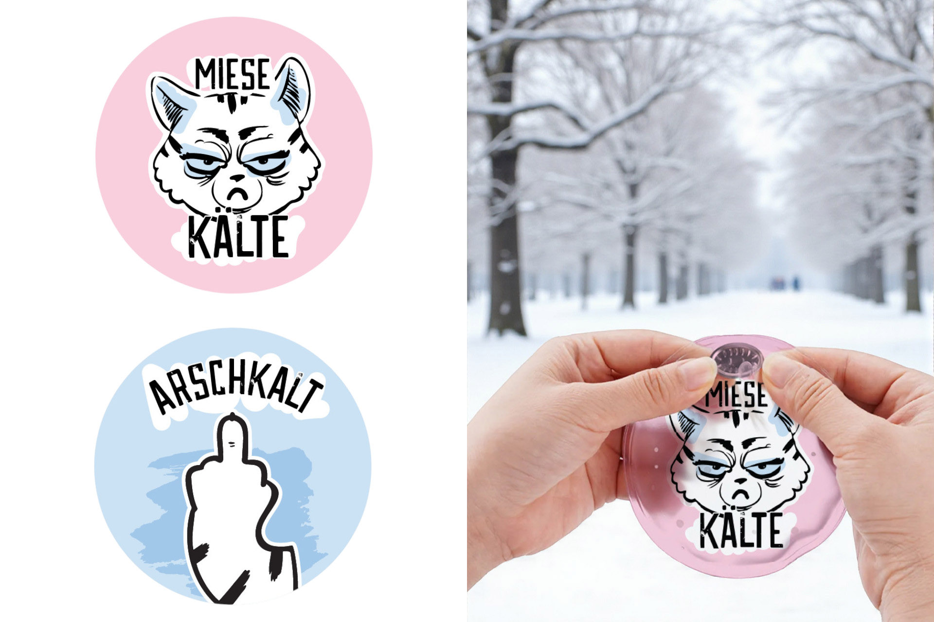 Taschenwärmer "Miesekatze", Ø 8,5cm, 2 Designs