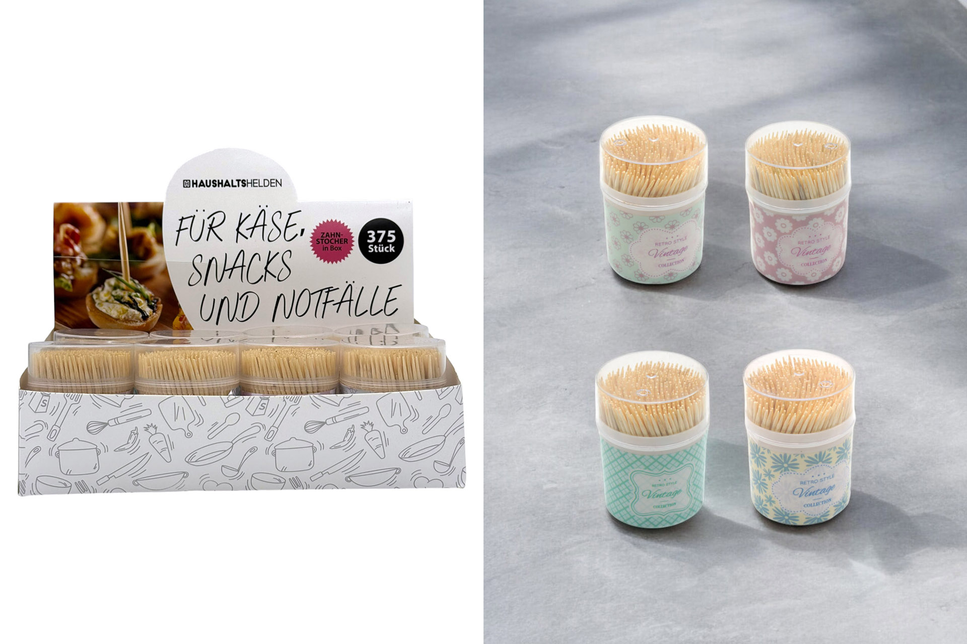 Zahnstocher mit Print 375stk, 4 Designs, im Display