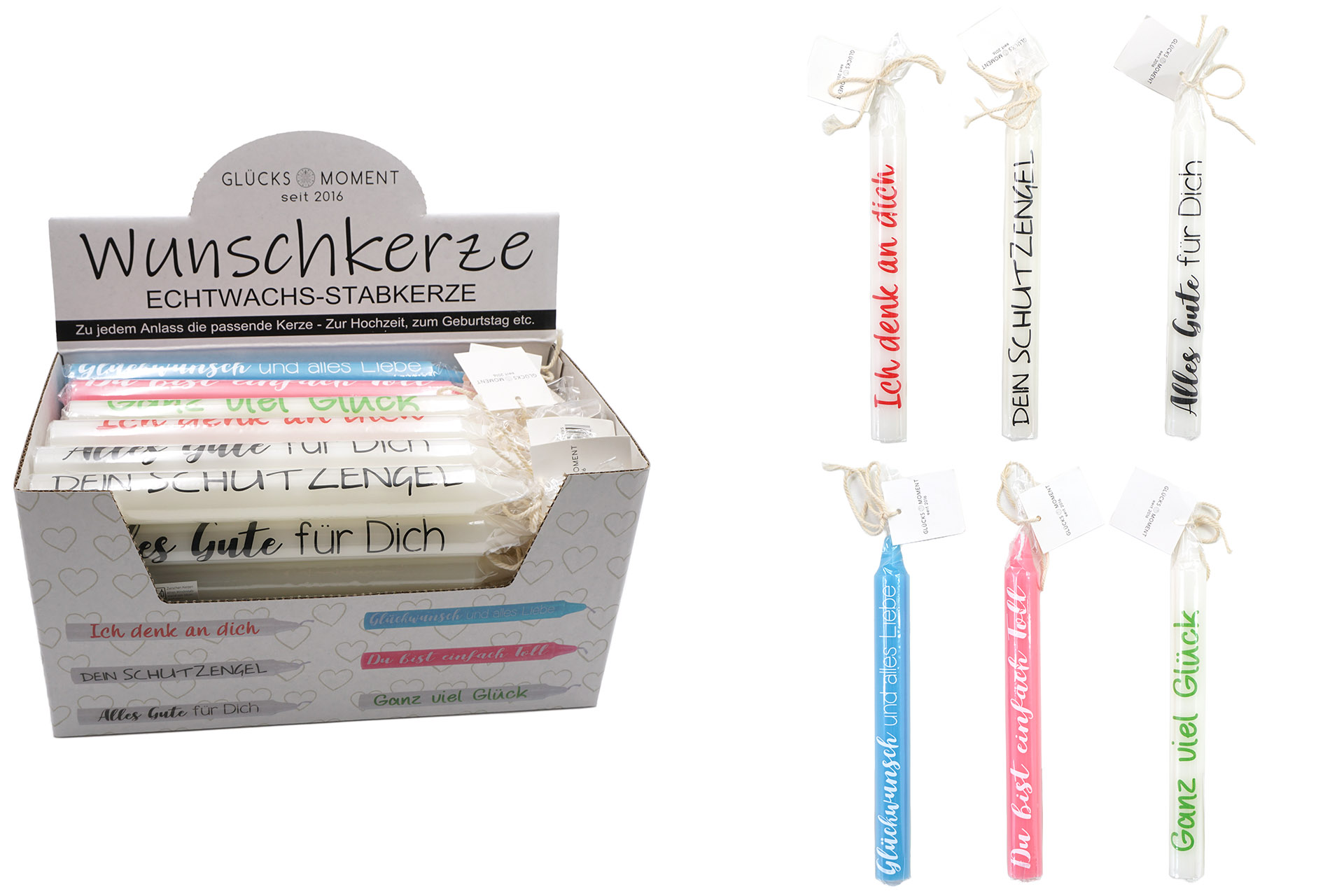 Stabkerze mit Spruch, 6 Designs, 19x2cm, Echtwachs, Display