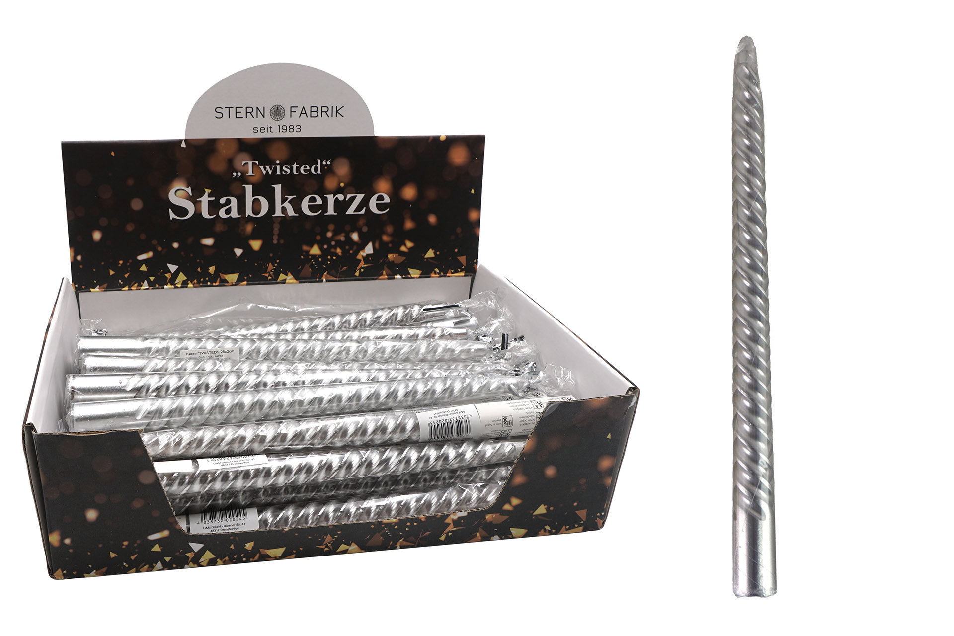 Kerze "TWISTED" 25x2cm, Echtwachs, im Display, silber