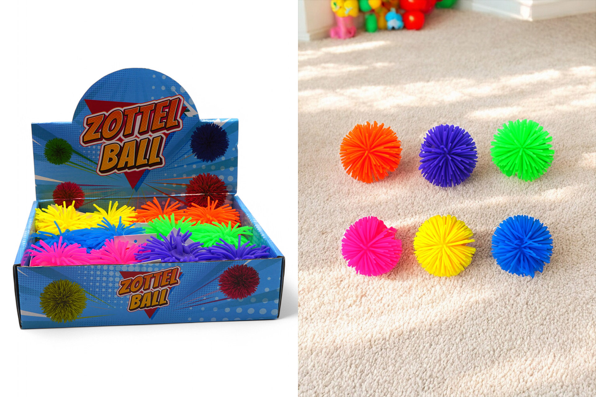 Zottel Ball, 6cm, 6 Farben, im Display