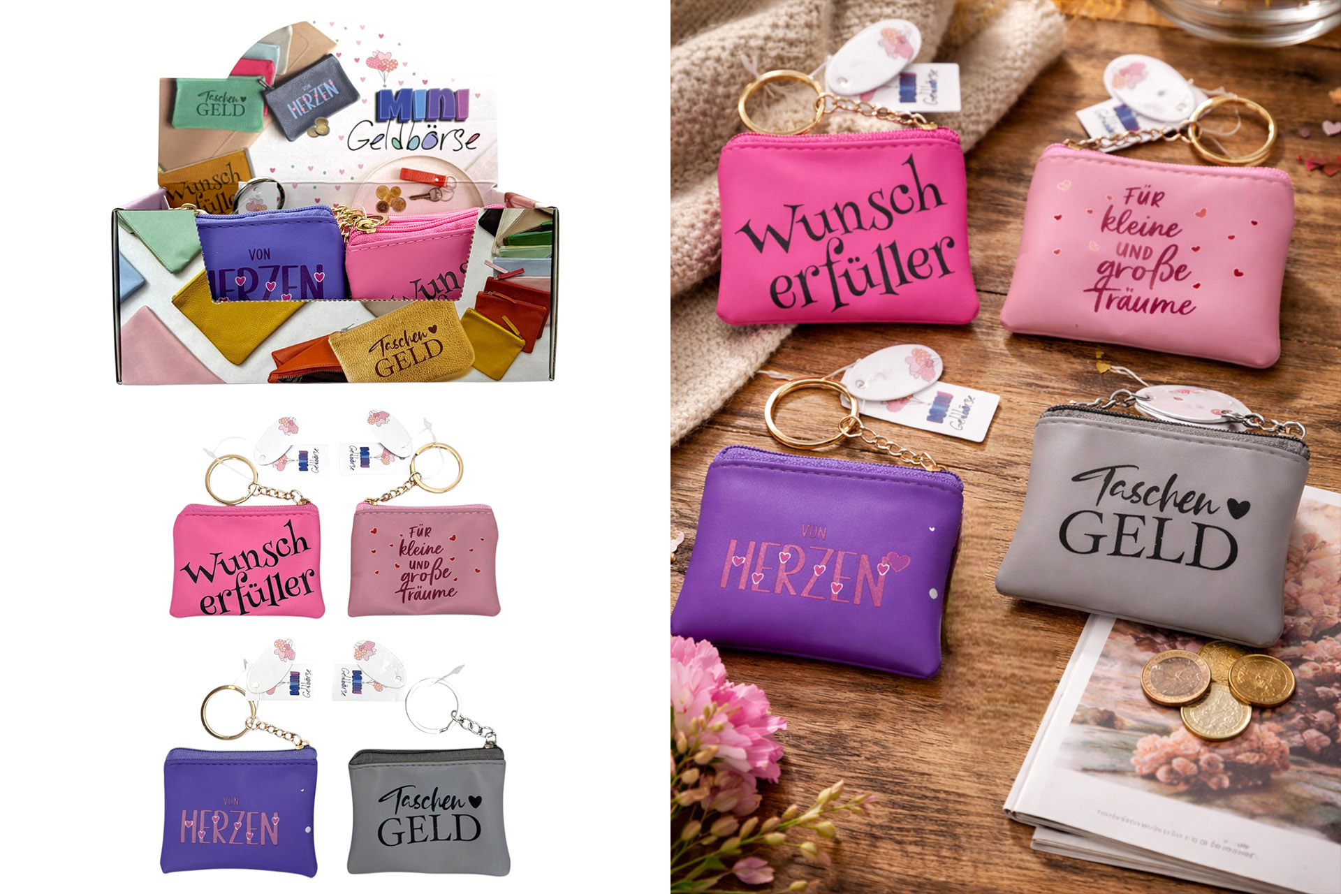Schlüsselanhänger Mini Geldbörse mit Spruch, 8x1x6cm, 4 Designs, im Display