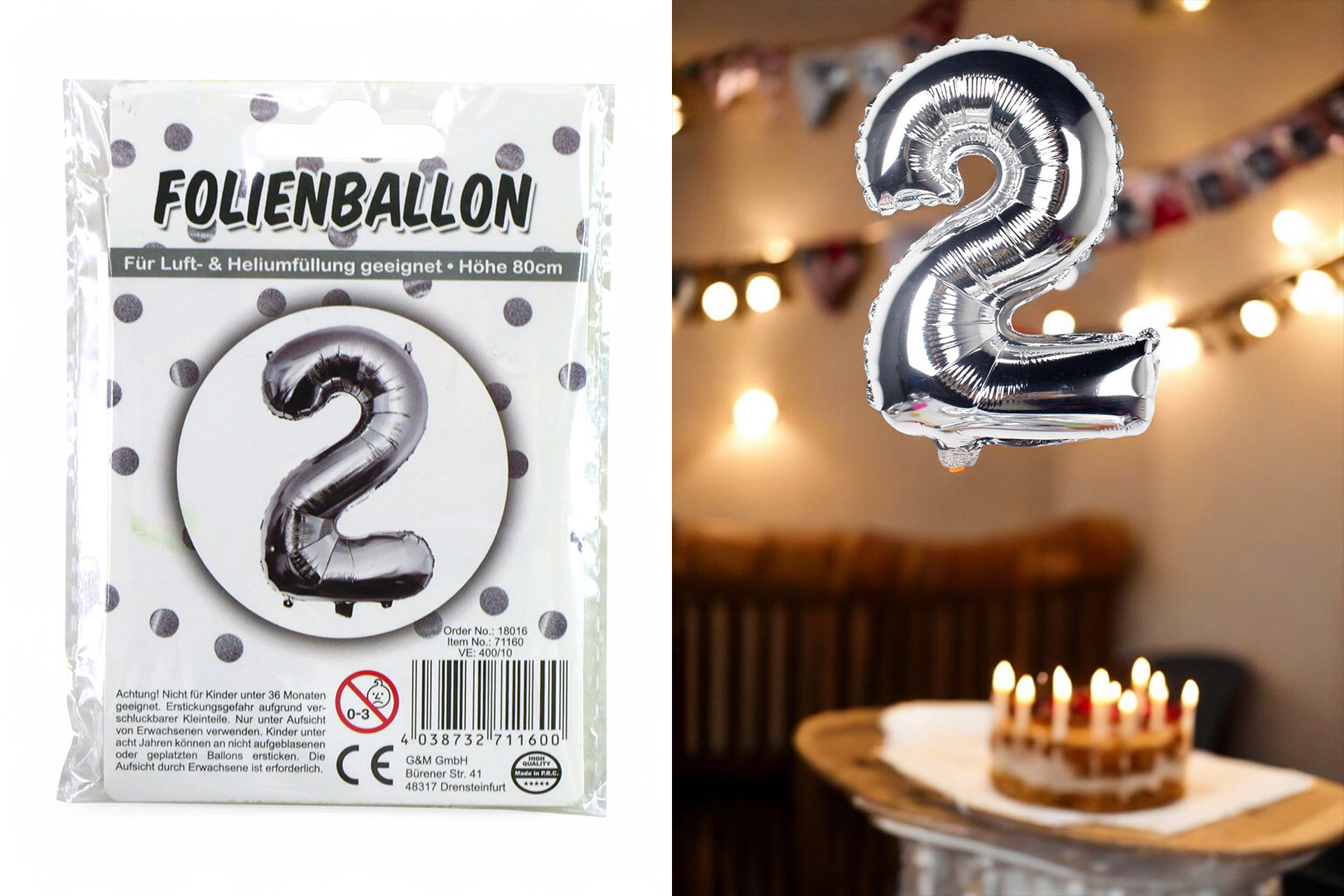 Folienballon Ziffer - 2 , 80cm silber