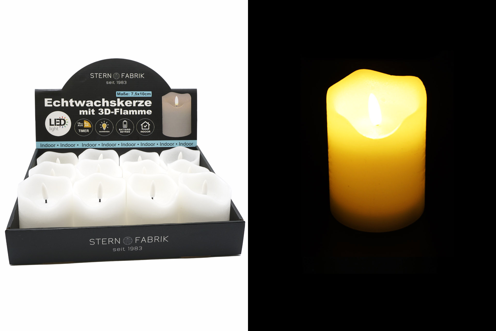 LED Echtwachskerze "3D Flamme" 7,5x10cm mit Timer, weiß, im Display