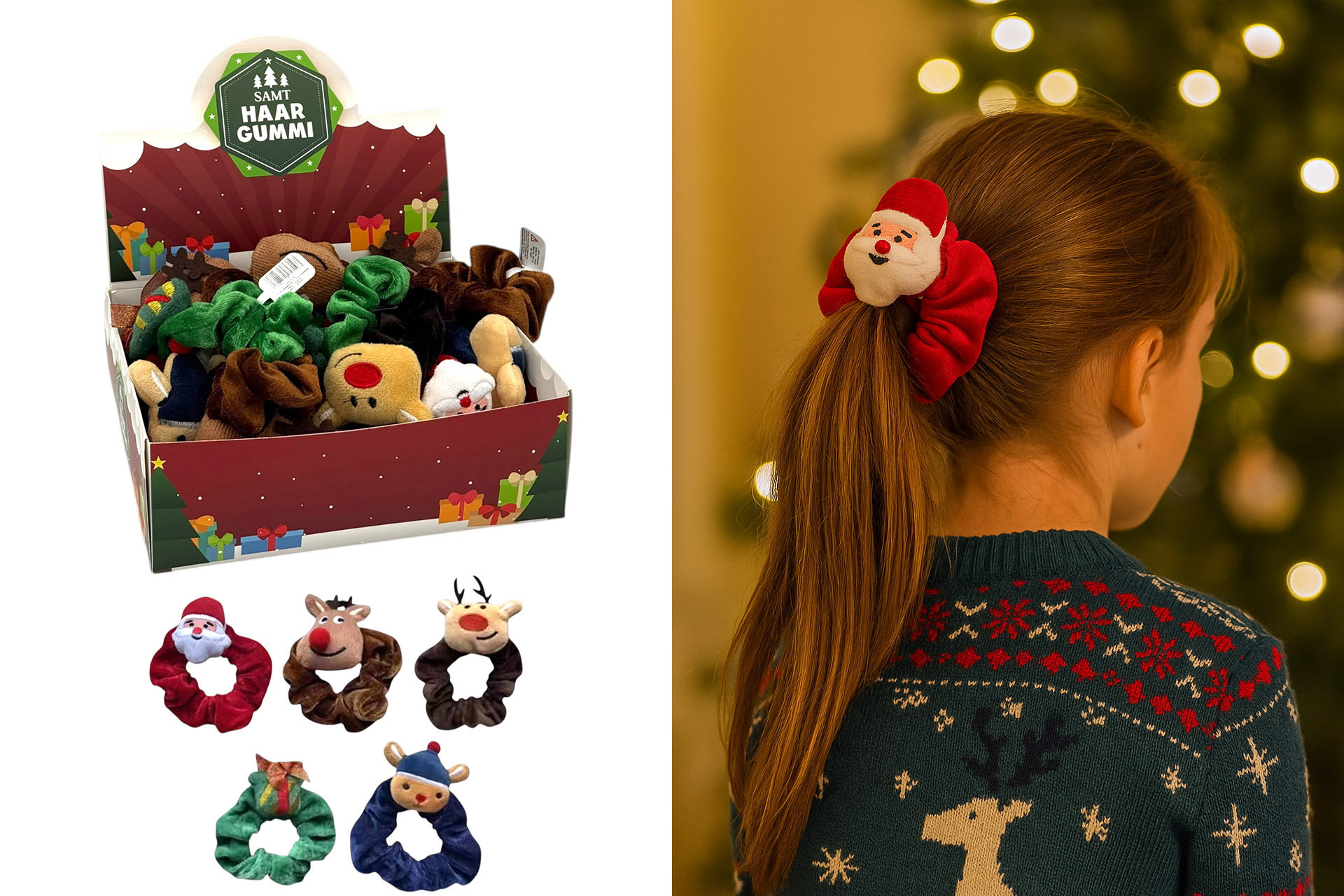 Samt Haargummi "Weihnachten", 6 Designs, im Display