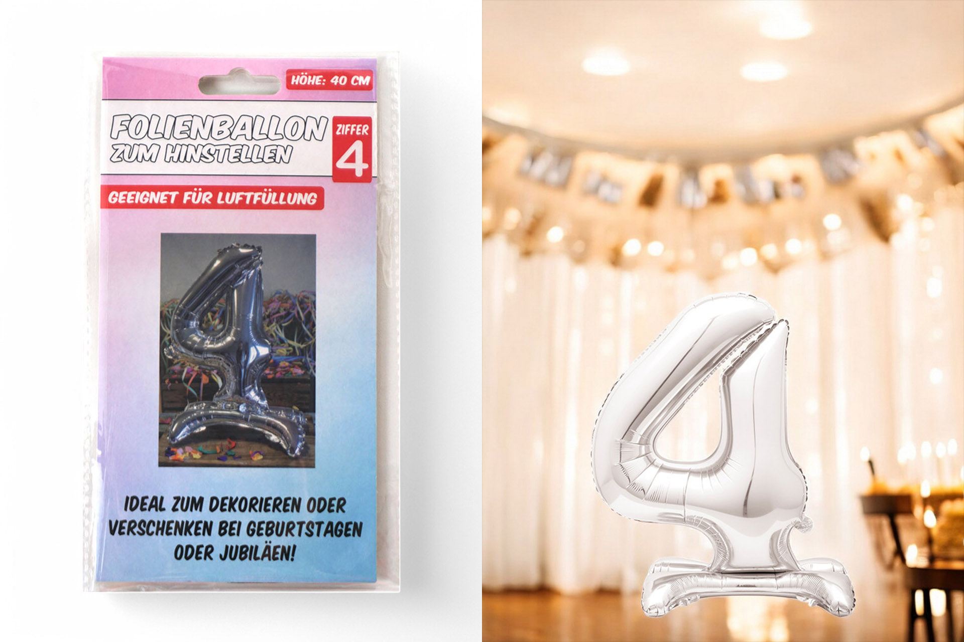 Folienballon zum Hinstellen "4", 40cm, in silber