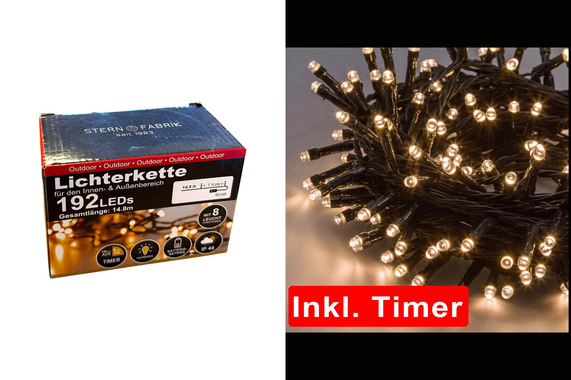 Lichterkette Basic LED, 192er, Timer, 8 Funktionen, batteriebetrieben