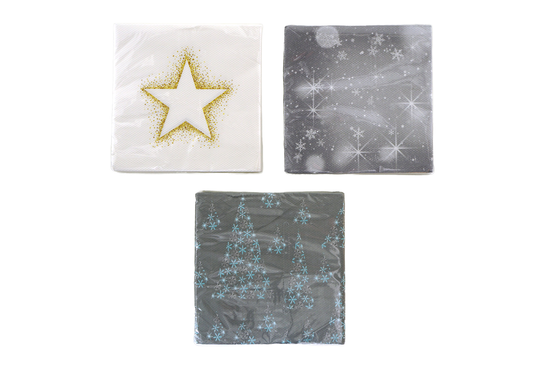 Servietten "Sterne" 33x33cm, ¼ Falz, 3-lagig, 20er Pack, 3 Designs