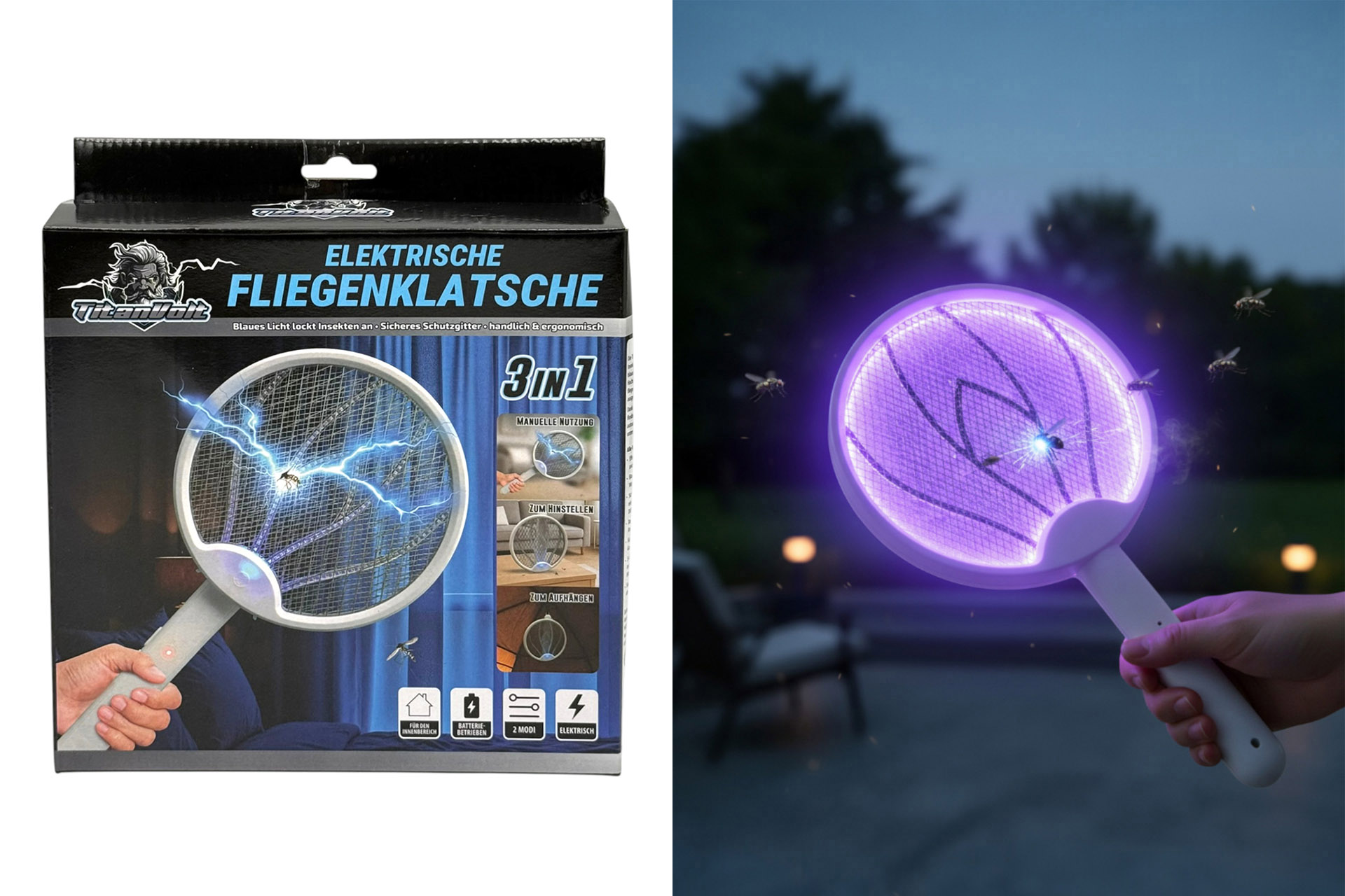 Elektrische Fliegenklatsche "UV-Licht", 3in1, 44x21,5cm, weiß