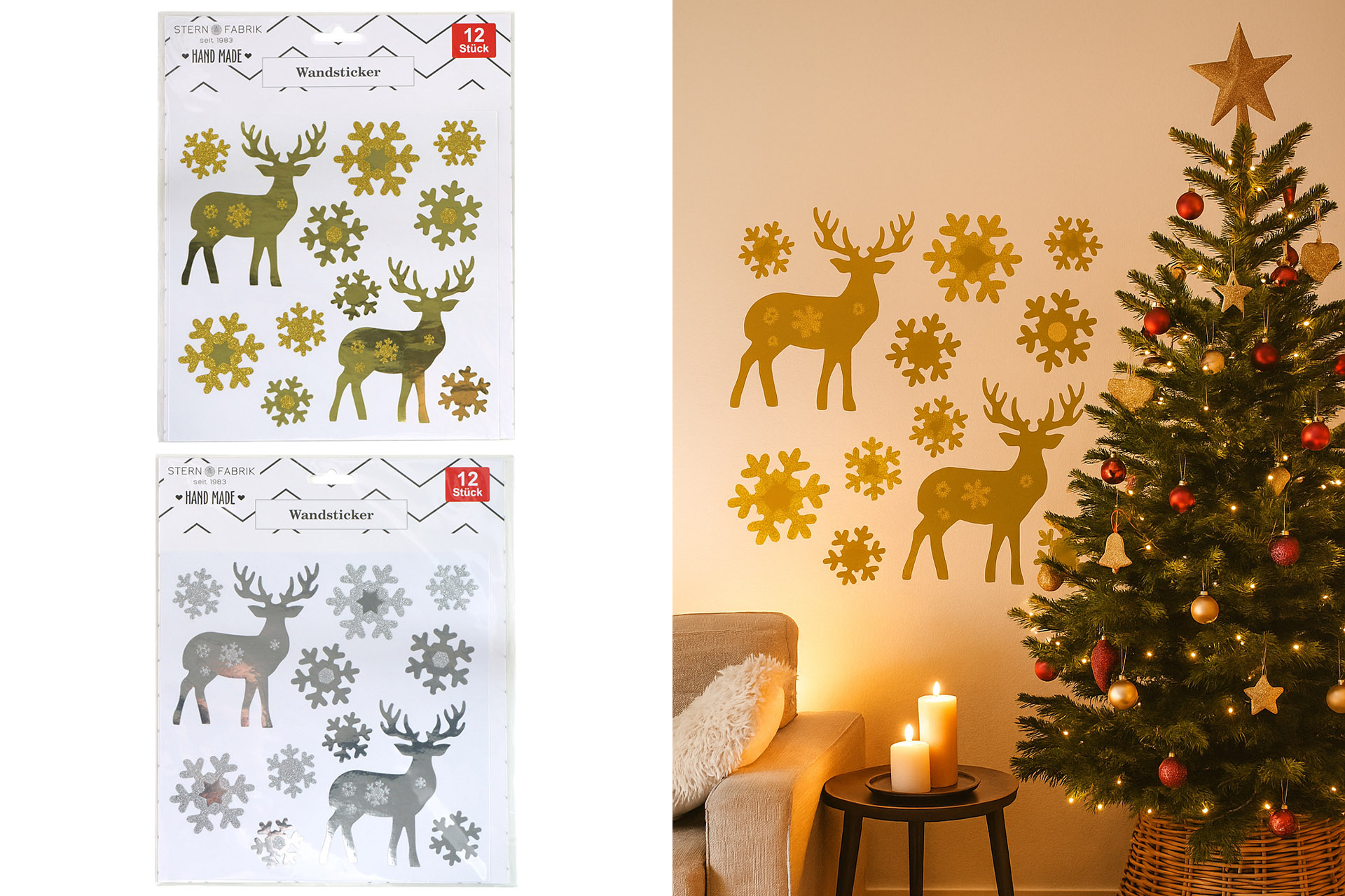 Weihnachtsaufkleber Wandsticker Rentier, silber 18 Stk., gold 6 Stk.