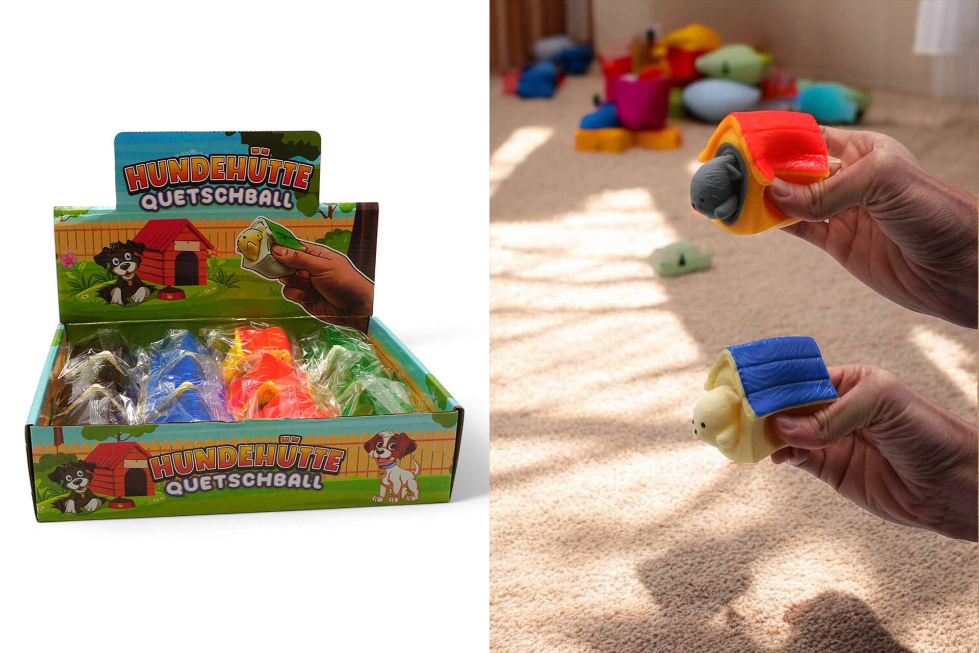 Quetschball Anti-Stress "Hundehütten", 4 Farben, im Display