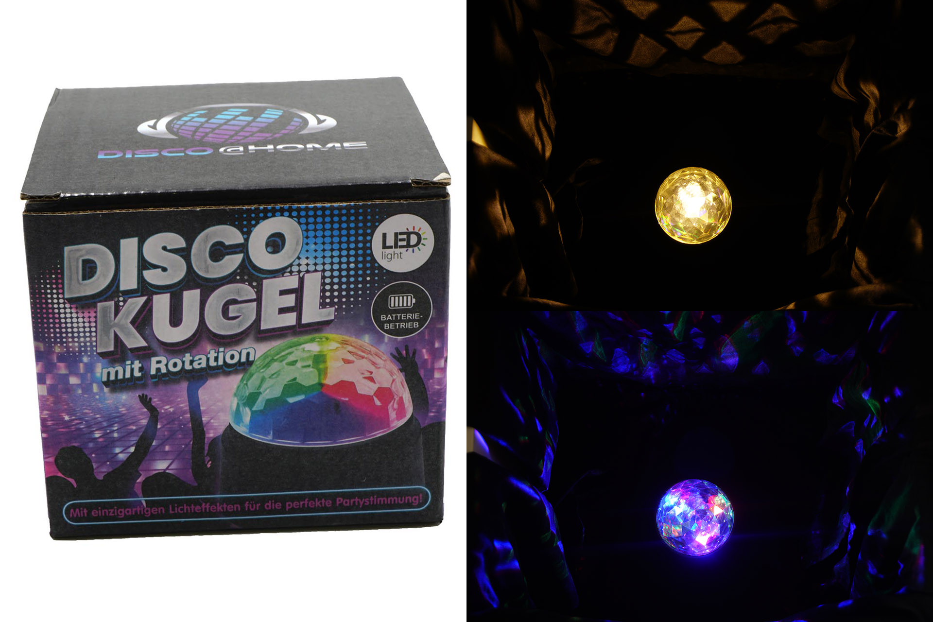 Partylicht Discokugel rotierend bunt, batteriebetrieben
