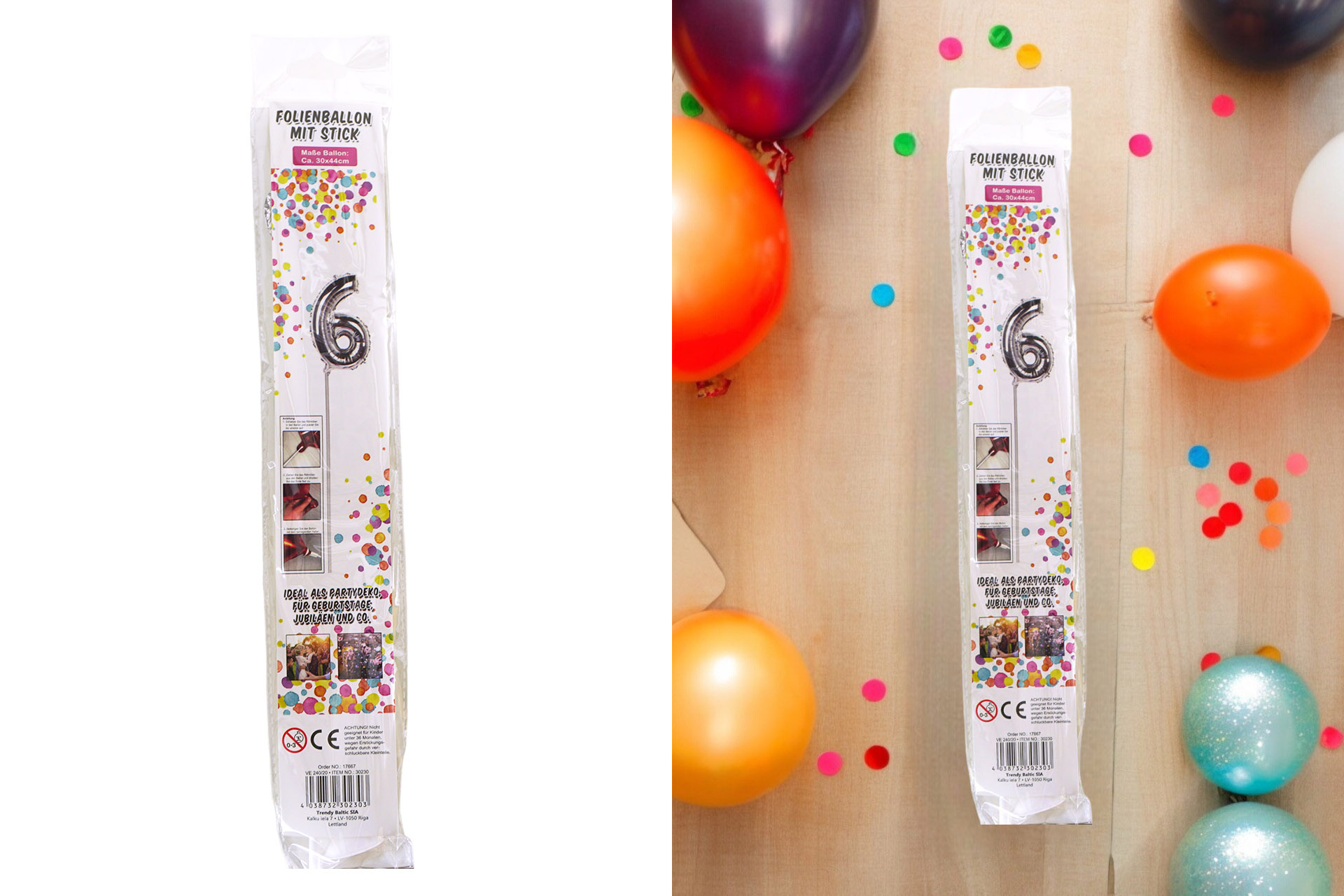 Folienballon Sortiment Refill für Display "Nr. 6 silber" mit Stick, 34cm