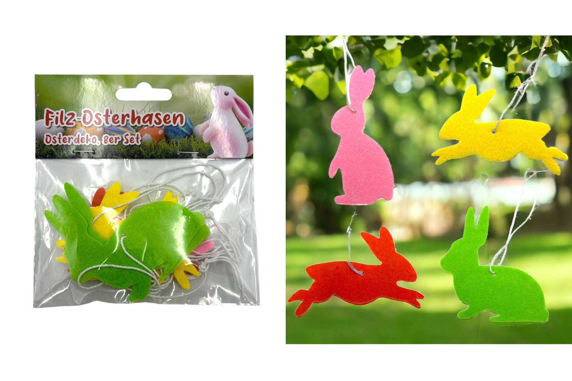 Osterdeko "Filz-Osterhasen", 8er Set, 8x8cm, 4 Farben, 3 Designs