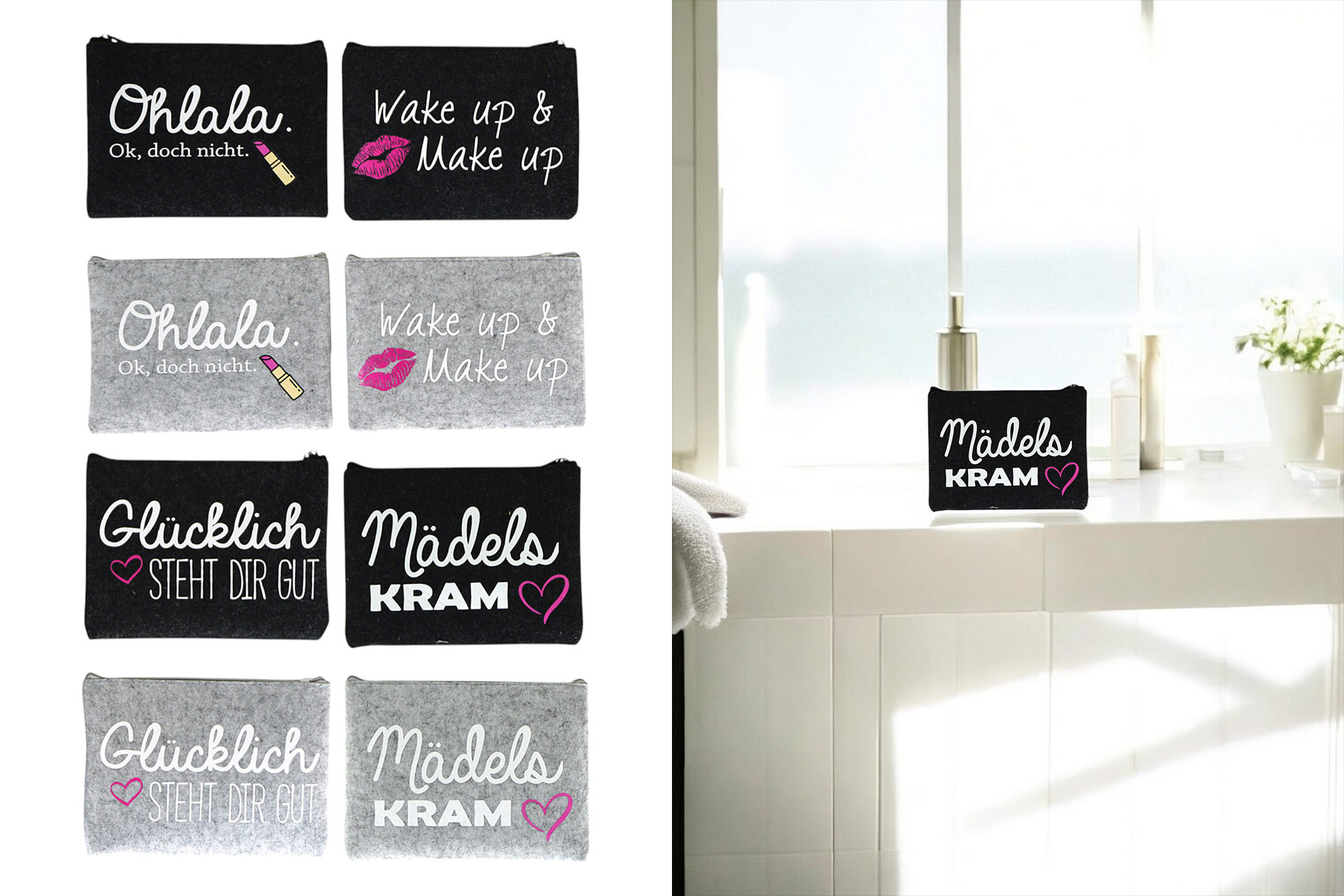 Filztasche mit Spruch, 22x16cm, 2 Farben, 4 Designs