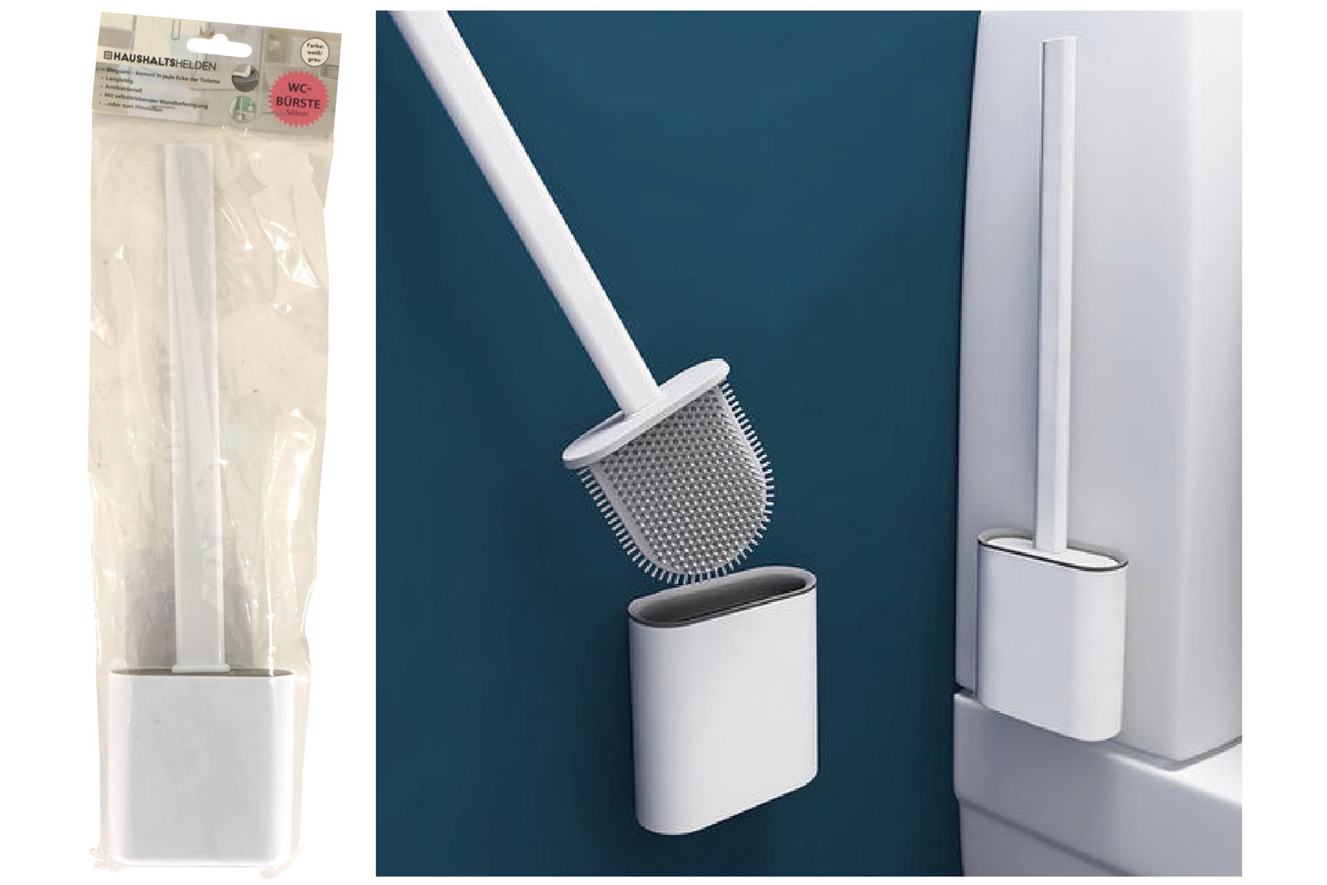WC-Bürste Silikon inklusive Halterung, 36cm, weiß/grau