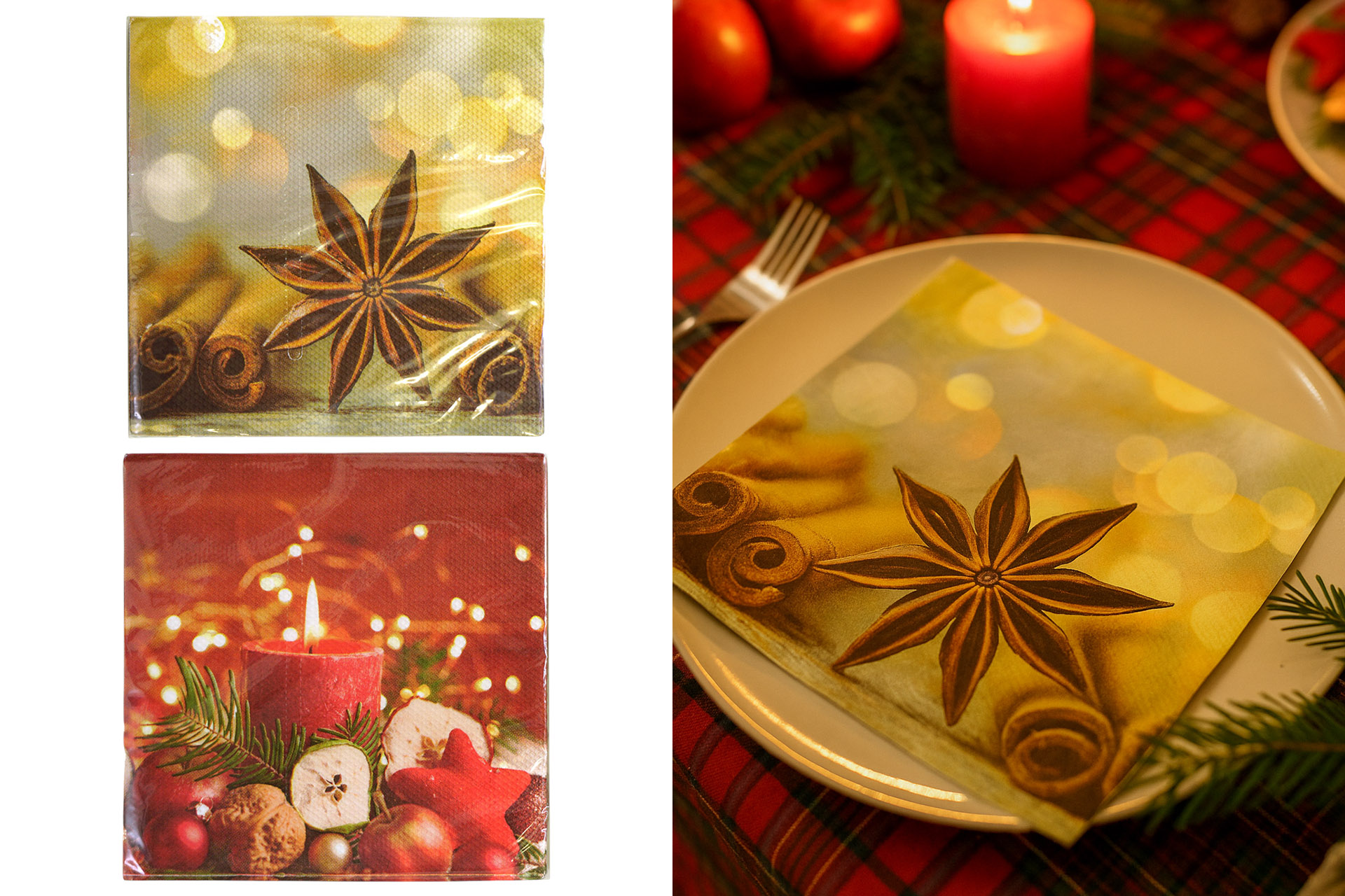 Servietten "Apfel & Zimtstern" 33x33cm, ¼ Falz, 3-lagig, 20er Pack, 2 Designs