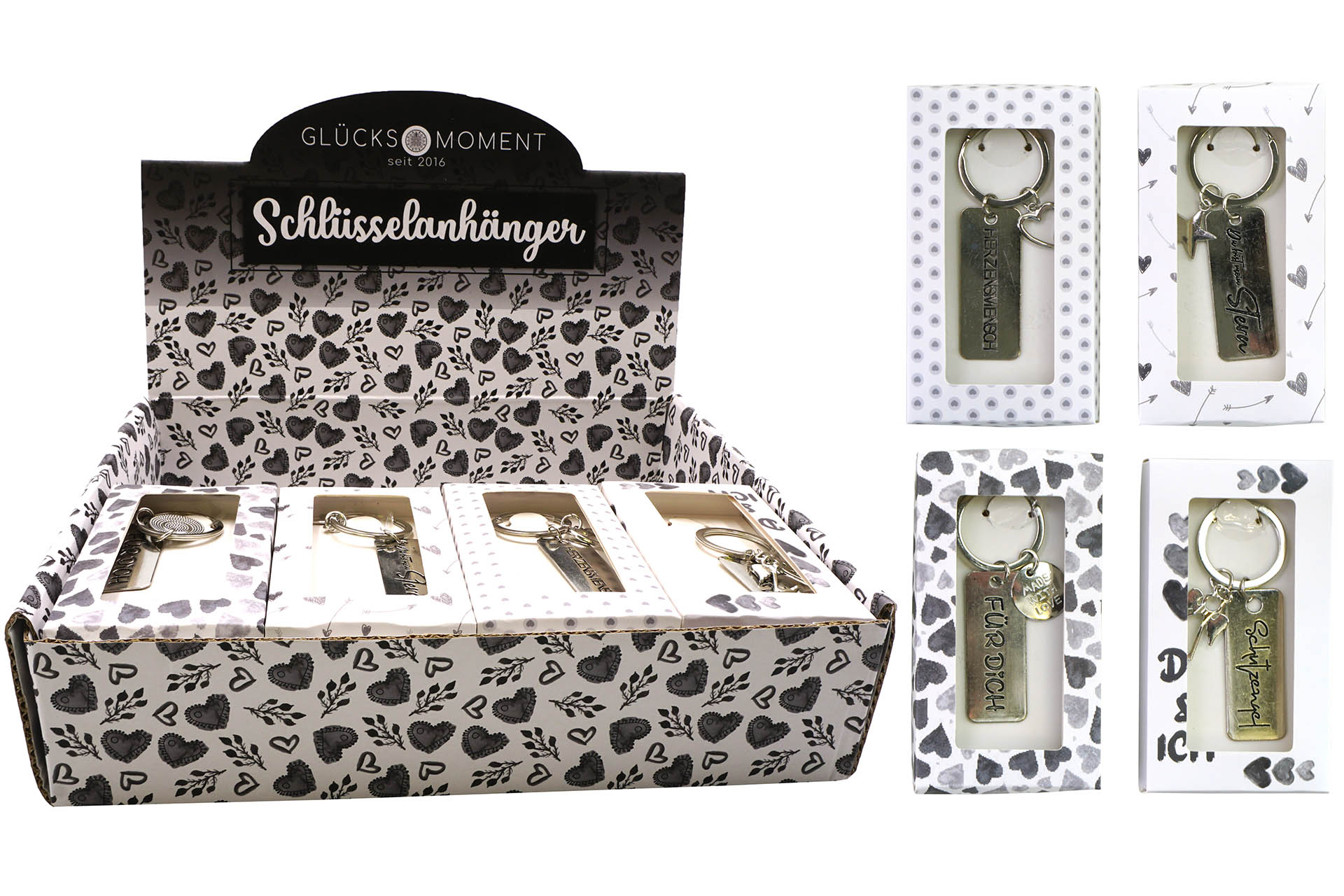 Schlüsselanhänger in Box "For you" mit Spruch, 4 fach sortiert