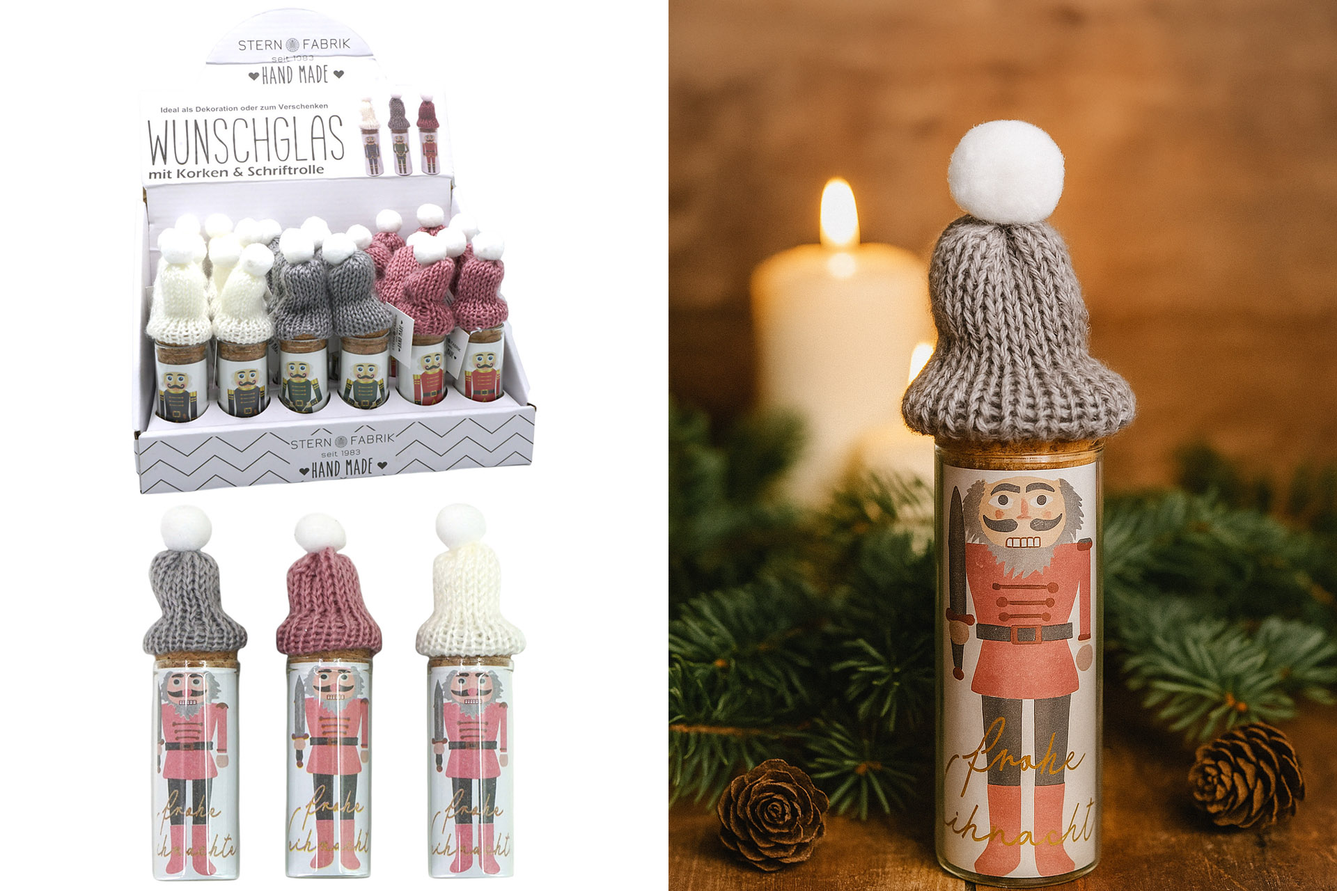 Wunschglas mit Korken, Mütze & Nussknackerfolie, 3 Designs, im Display