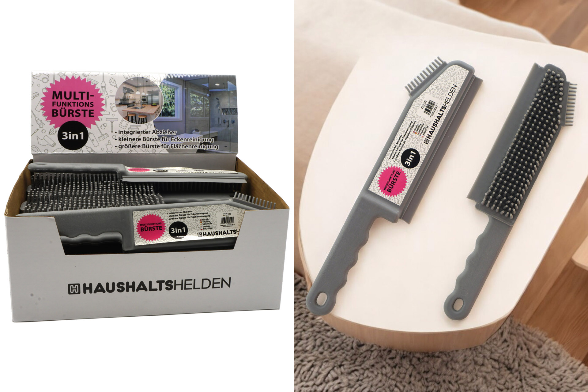 Bürste Multifunktional, 3in1 Silikon, 25cm, grau, im Display