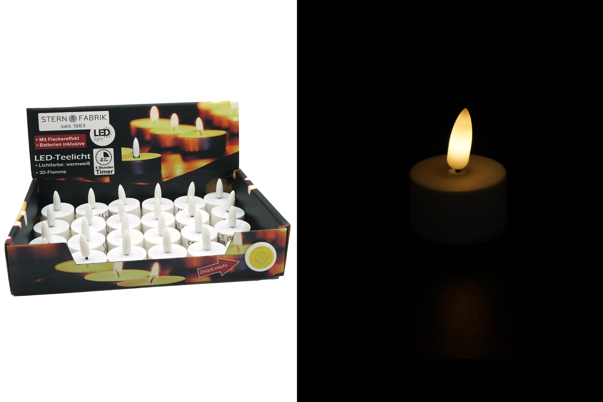 LED Teelicht "3D Flamme", warmweiß, mit Timer, im Display mit "TRY ME"