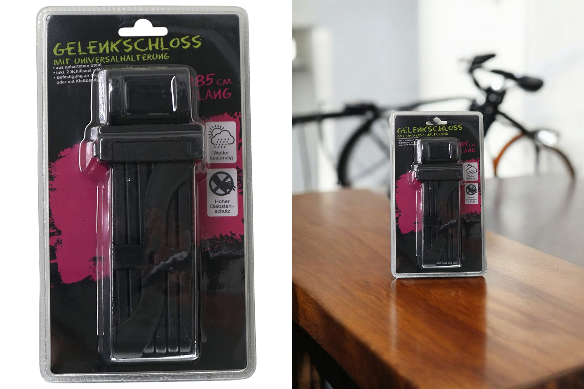 Fahrradschloss faltbar mit Halter, 85cm, inkl. 2 Schlüssel, schwarz