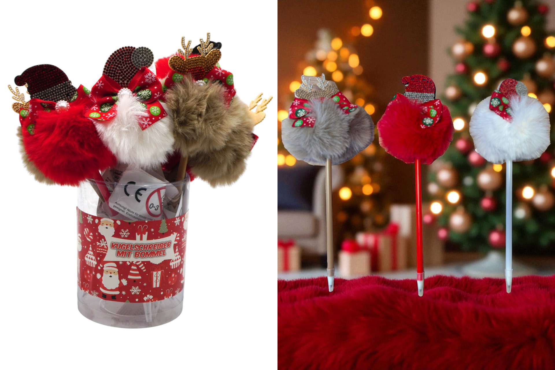 Kugelschreiber mit Bommel Weihnachten "Glitzer Steinchen", 22cm, 3 Designs