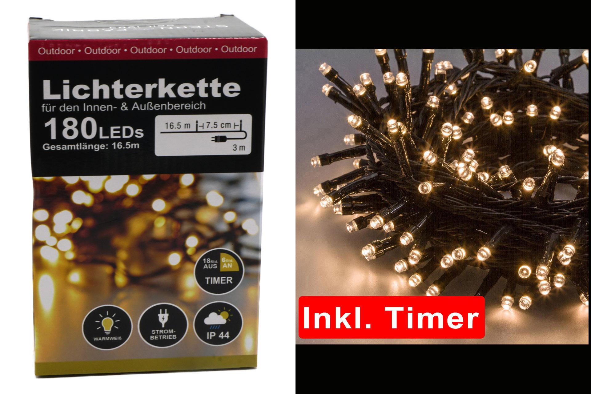 Lichterkette Basic LED, 180er, warmweiß, In- & Outdoor IP44, mit Timer