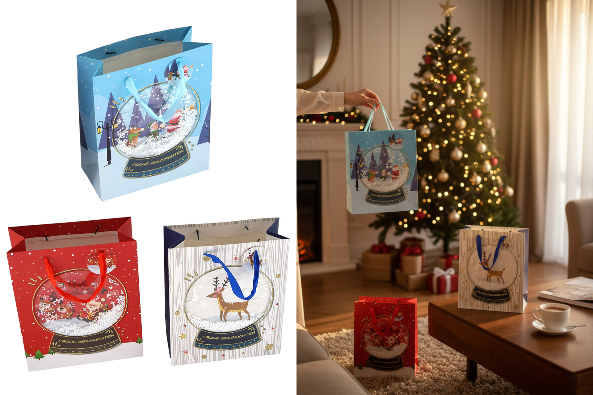 Geschenktüte Weihnachten "3D mit Schnee" 26x32x12cm, 3 Designs