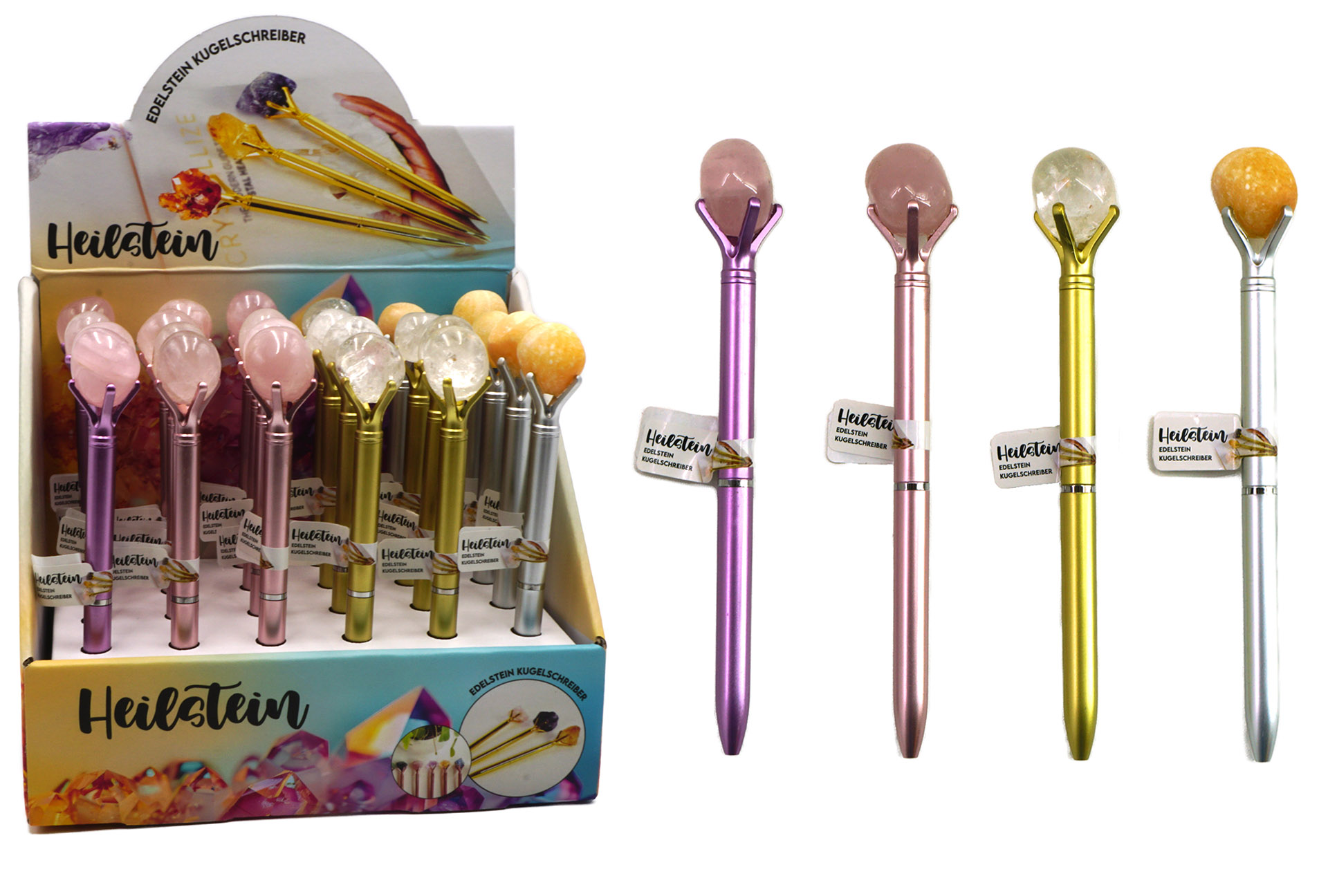 Edelstein Kugelschreiber "Heilstein", 4 Farben, 4 versch. Steine, im Display