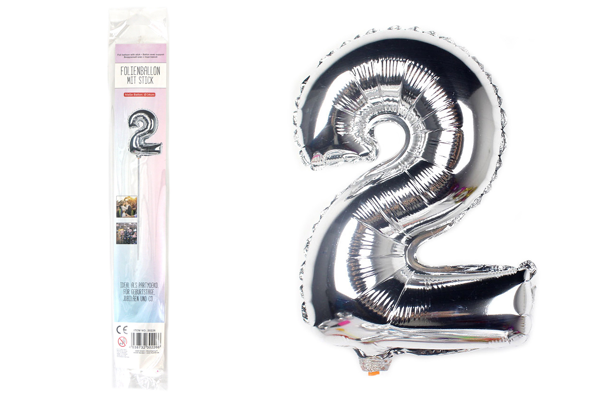 Folienballon Sortiment Refill für Display "Nr. 2 silber" mit Stick, 34cm