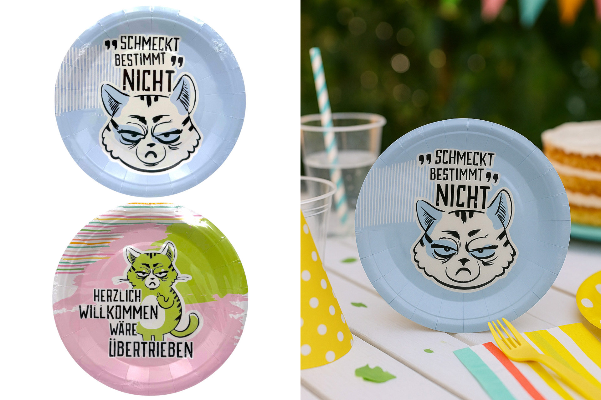 Pappteller "Miesekatze", Ø 23cm, 6er Set, 2 Designs