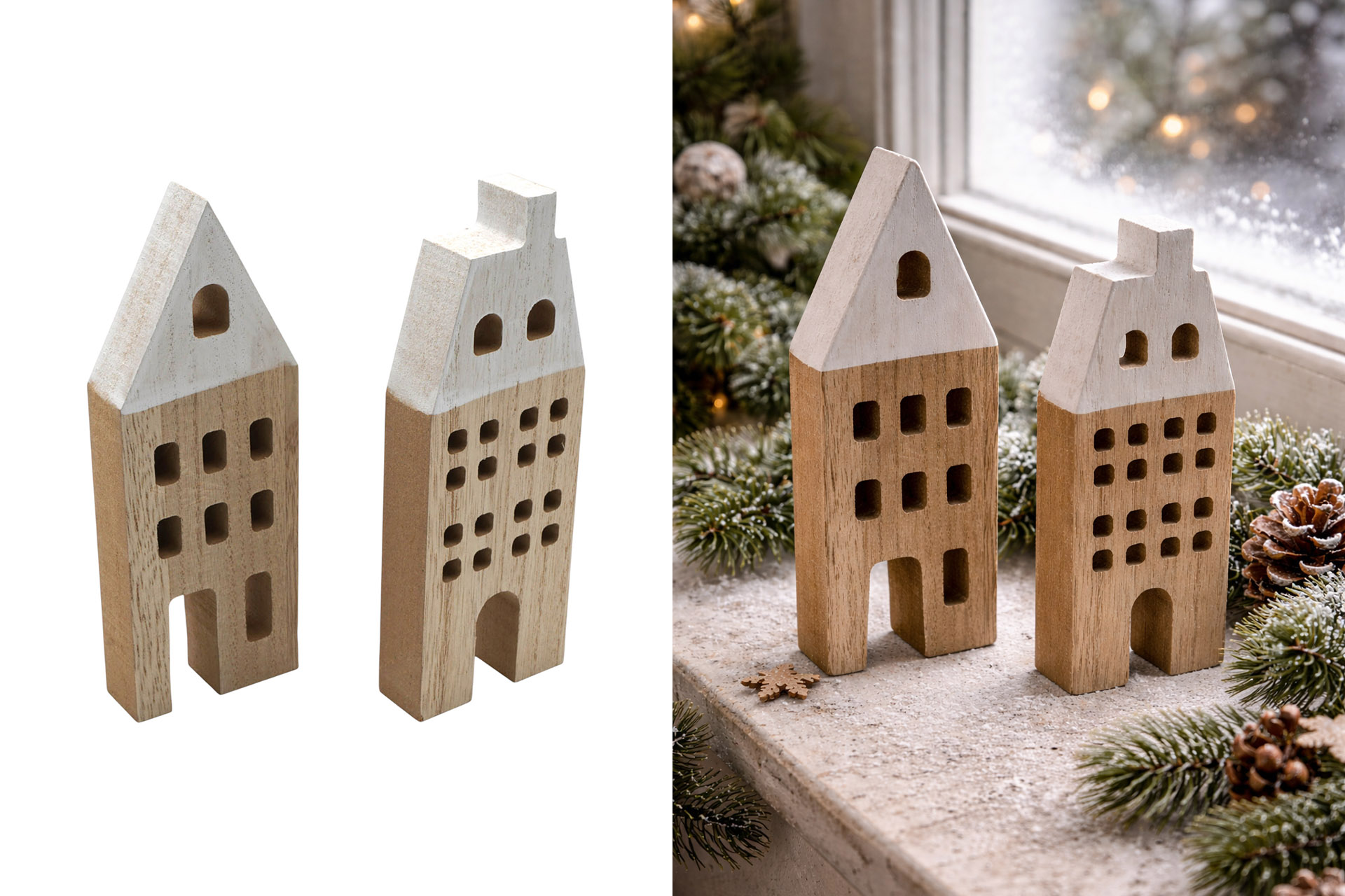 Weihnachtsdeko Holz "Häuser Allee", 16x7x2cm, 2 Designs