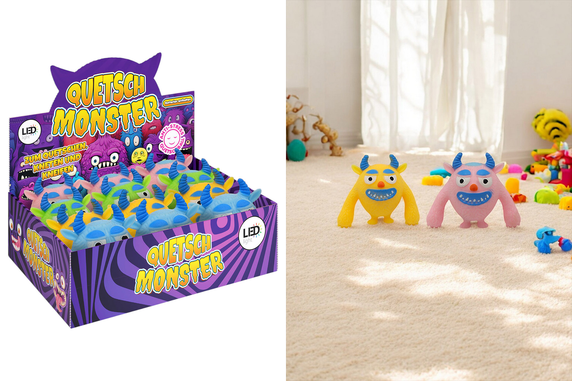 LED Quetschball Anti-Stress "Monster" 12x6x9cm, 4 Farben, im Display