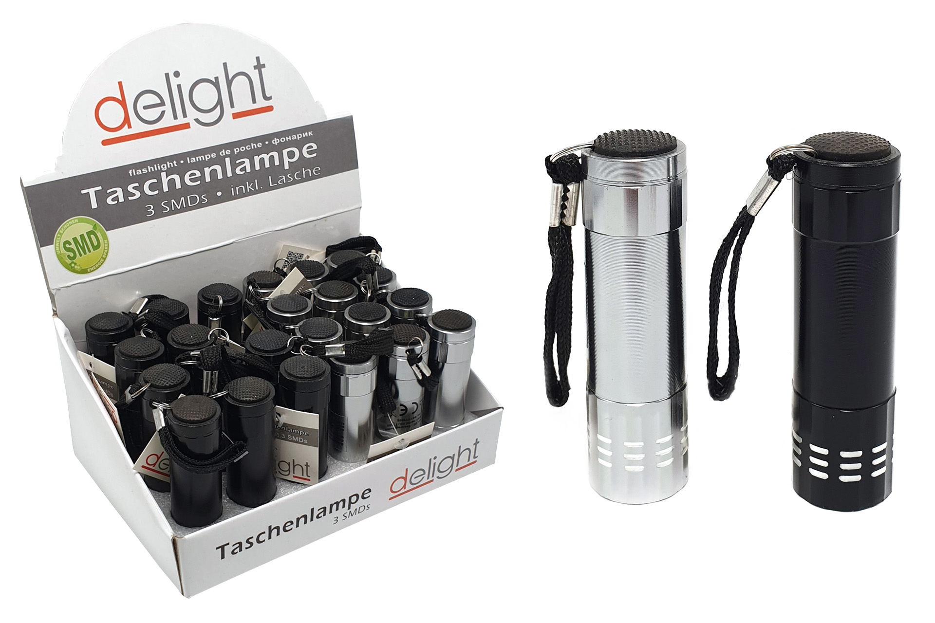 Taschenlampe Aluminium mit 3 SMD`s 2 Farben, 9cm mit Lasche