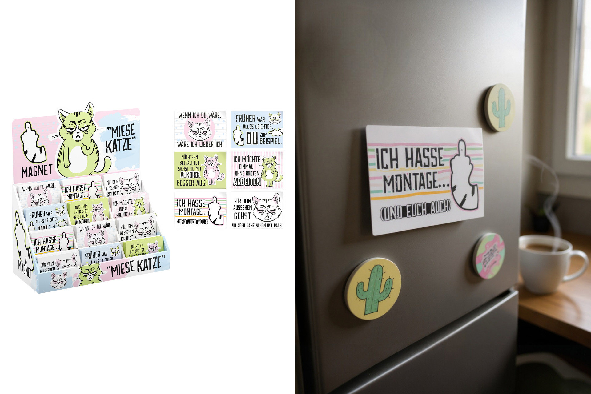 Kühlschrankmagnet "Miesekatze", 9x6,5cm, 6 Designs, im Display