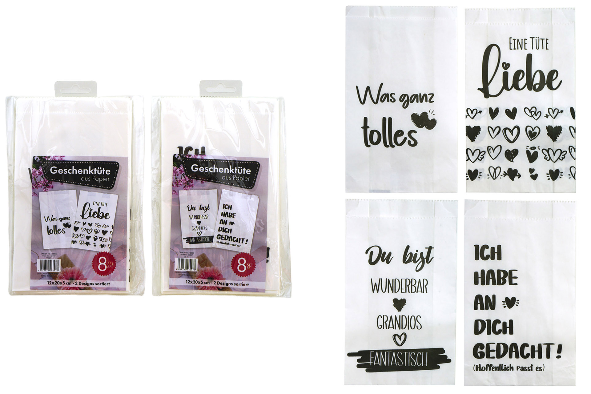 Geschenktüte "Craft Paper" mit Spruch, 8er Set, 12x20x5cm, 4 Designs sortiert
