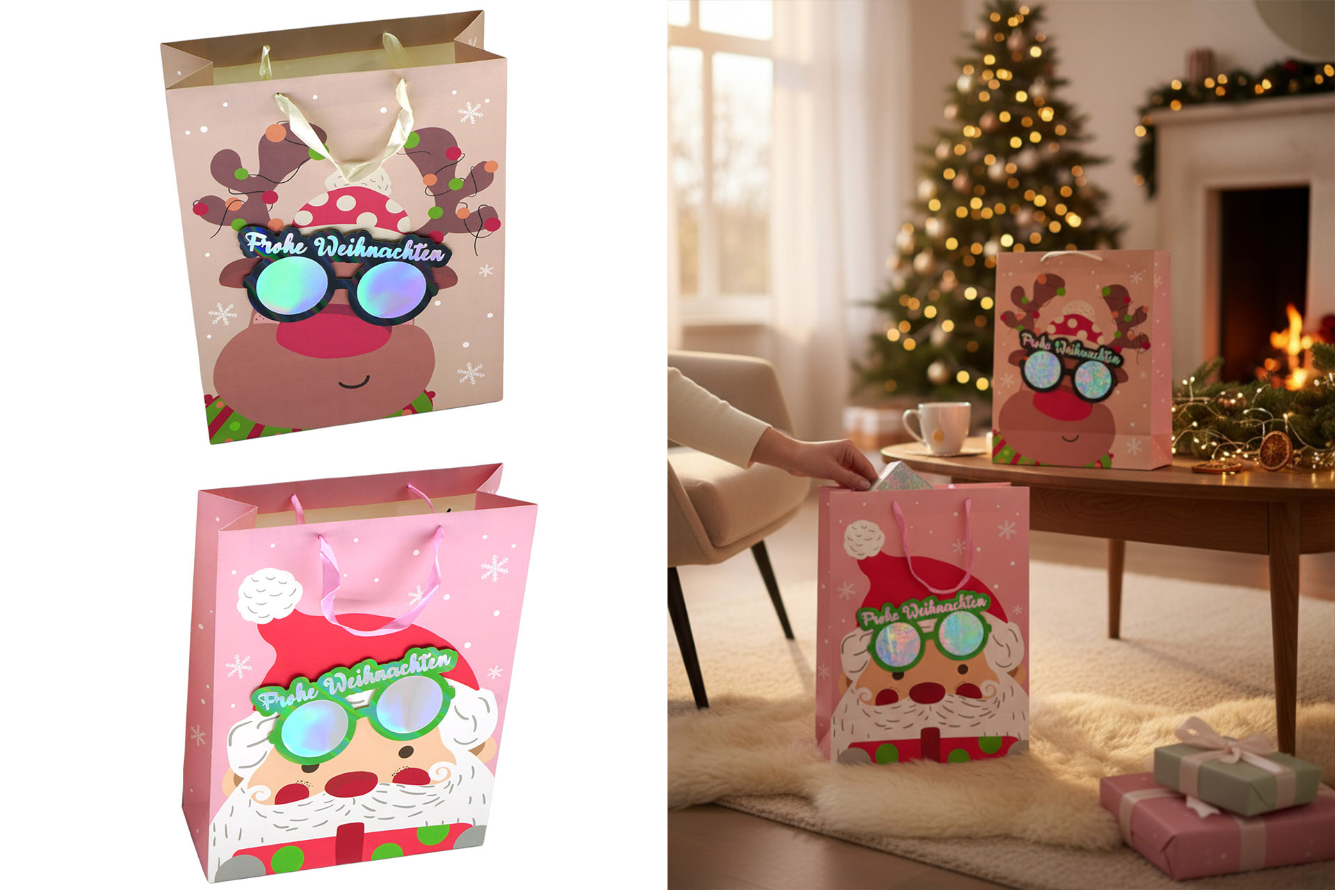 Geschenktüte Weihnachten "3D Brille", 30x40x12cm, 2 Designs