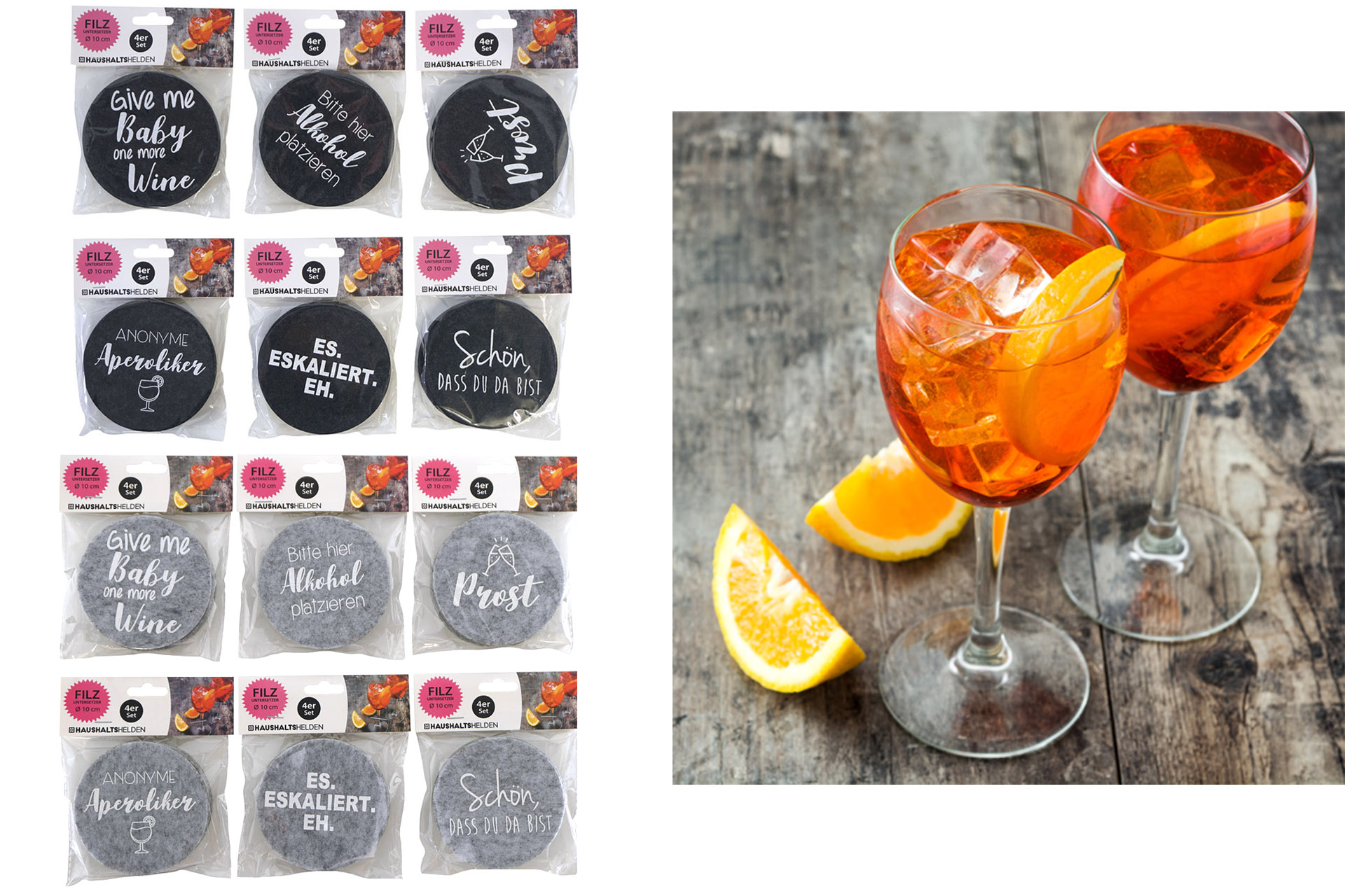 Untersetzer Filz Ø 10cm, mit Sprüchen 4er Set, 6 Designs