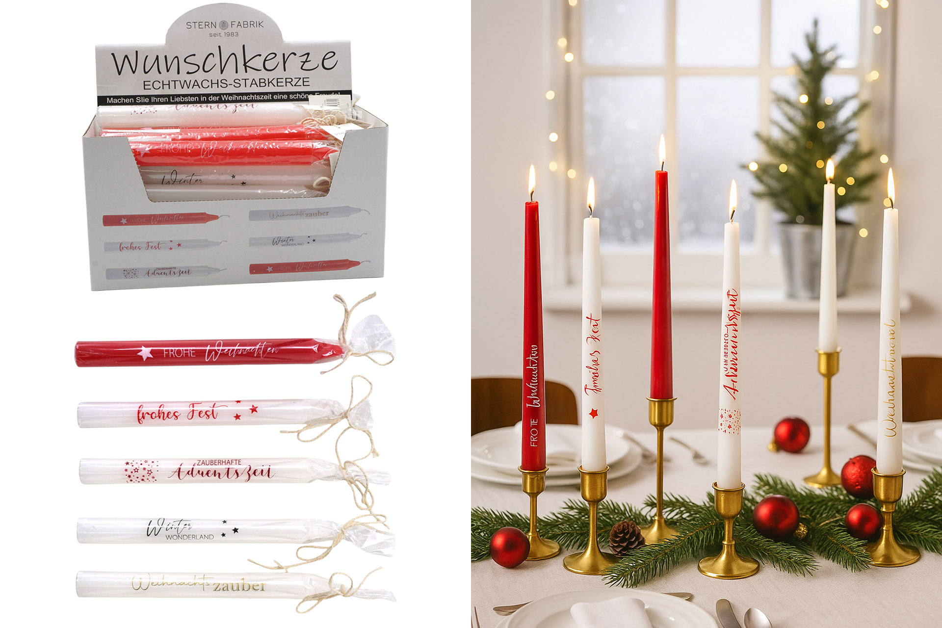 Stabkerze Weihnachten mit Spruch, 5 Designs, 19x2cm, Echtwachs, Display