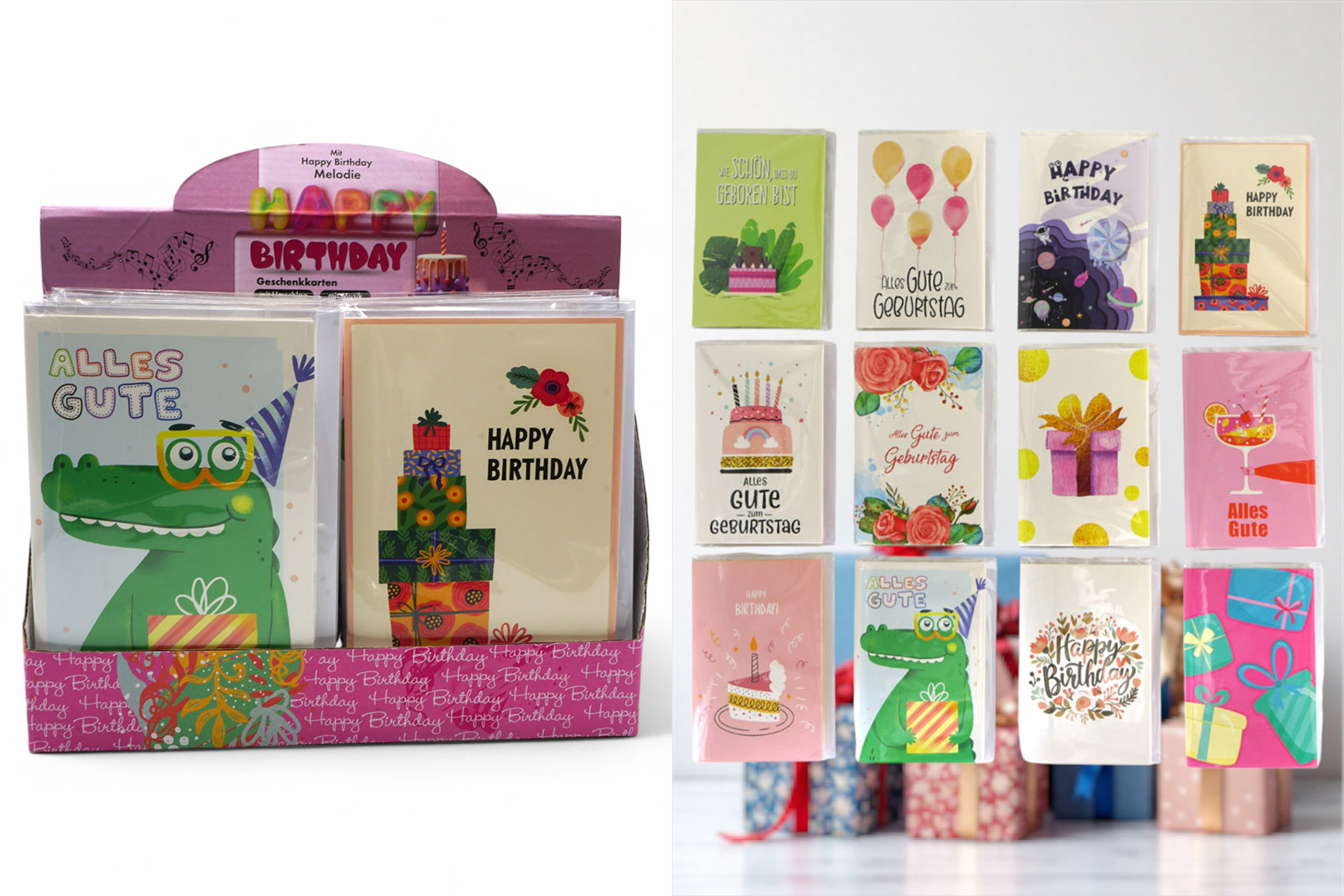 Geschenkkarten mit Musik "Happy Birthday" 19,5x13cm mit Umschlag, 12 Designs, im Display