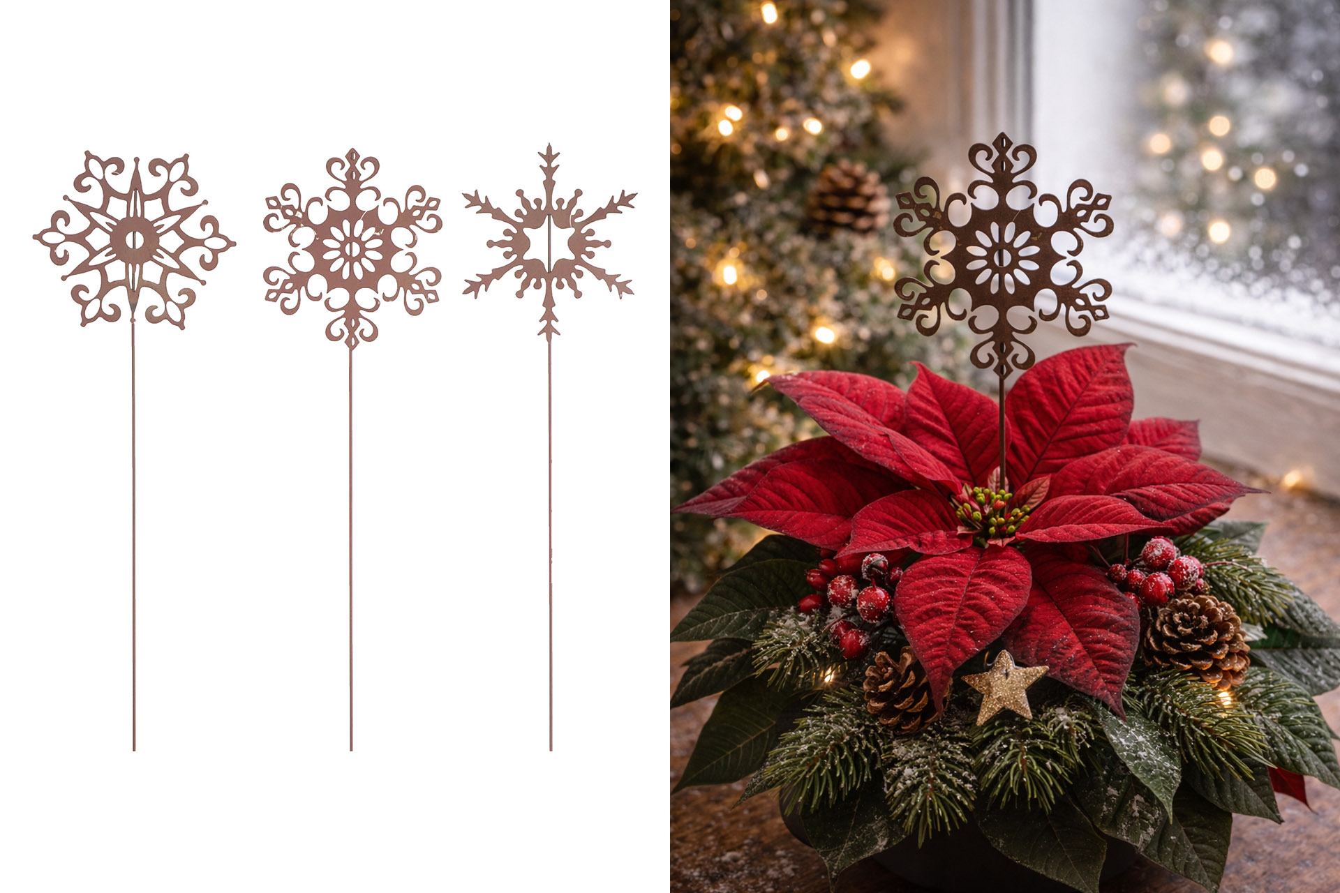 Weihnachtsdeko Metall "Schneeflocke" auf Stick, 41x15cm, 3 Designs, Rostdesign