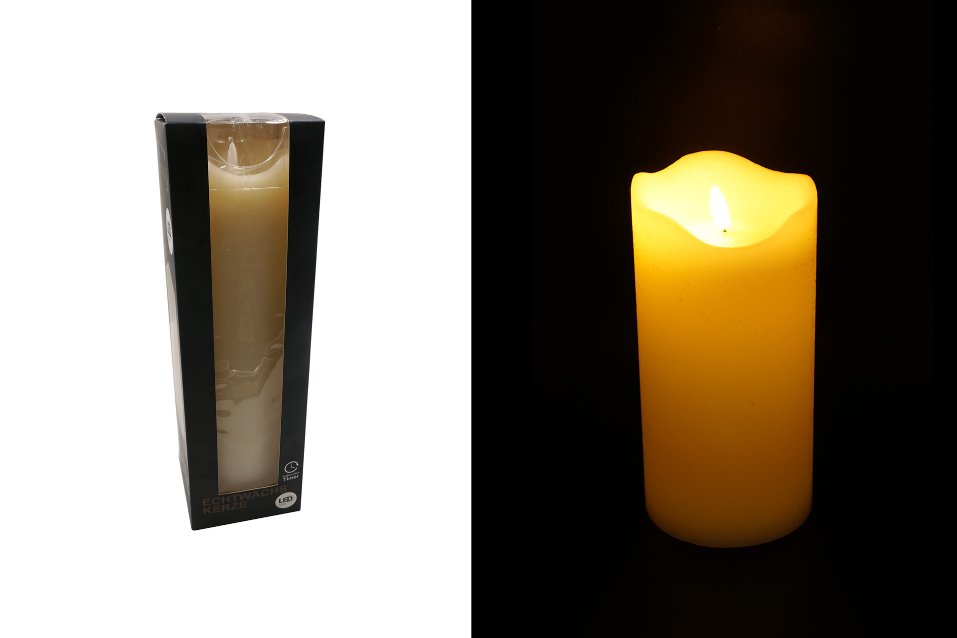 LED Echtwachskerze 3D Flamme 10x25cm mit Timer, weiß