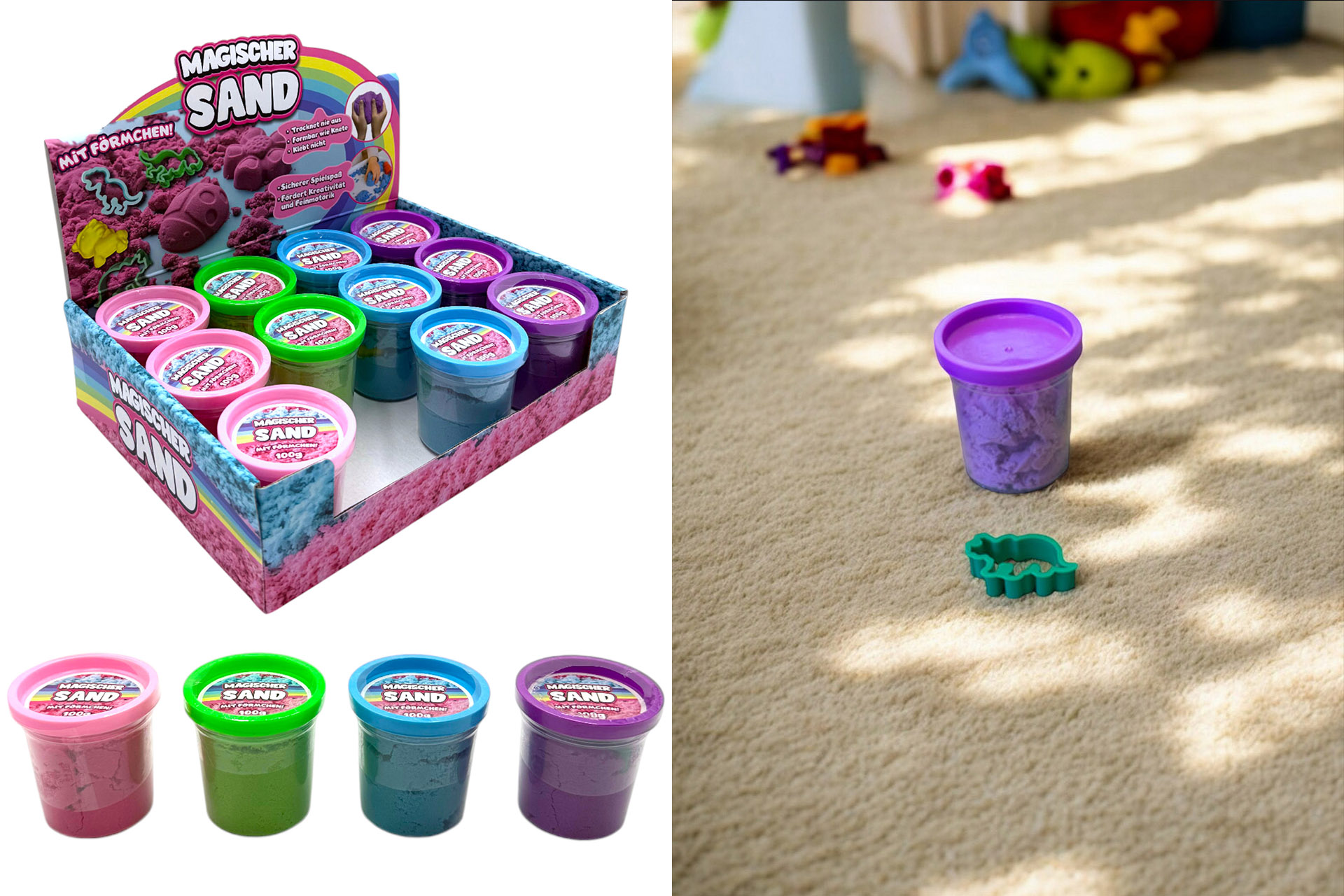 Magischer Sand, 85g, inkl. Figur, Ø 7cm, 4 Farben, 6 Designs, im Display