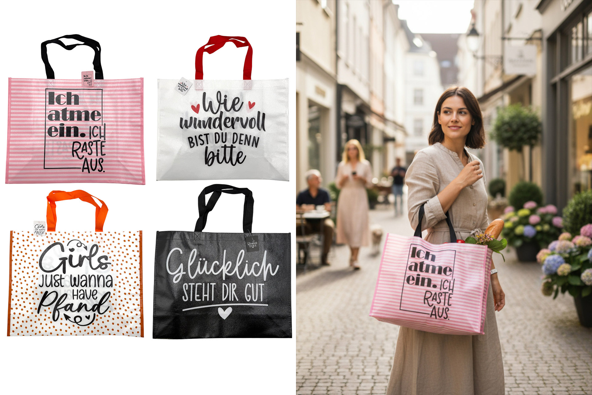 Einkaufstasche 44x33x14,5cm mit Spruch, 4 Designs