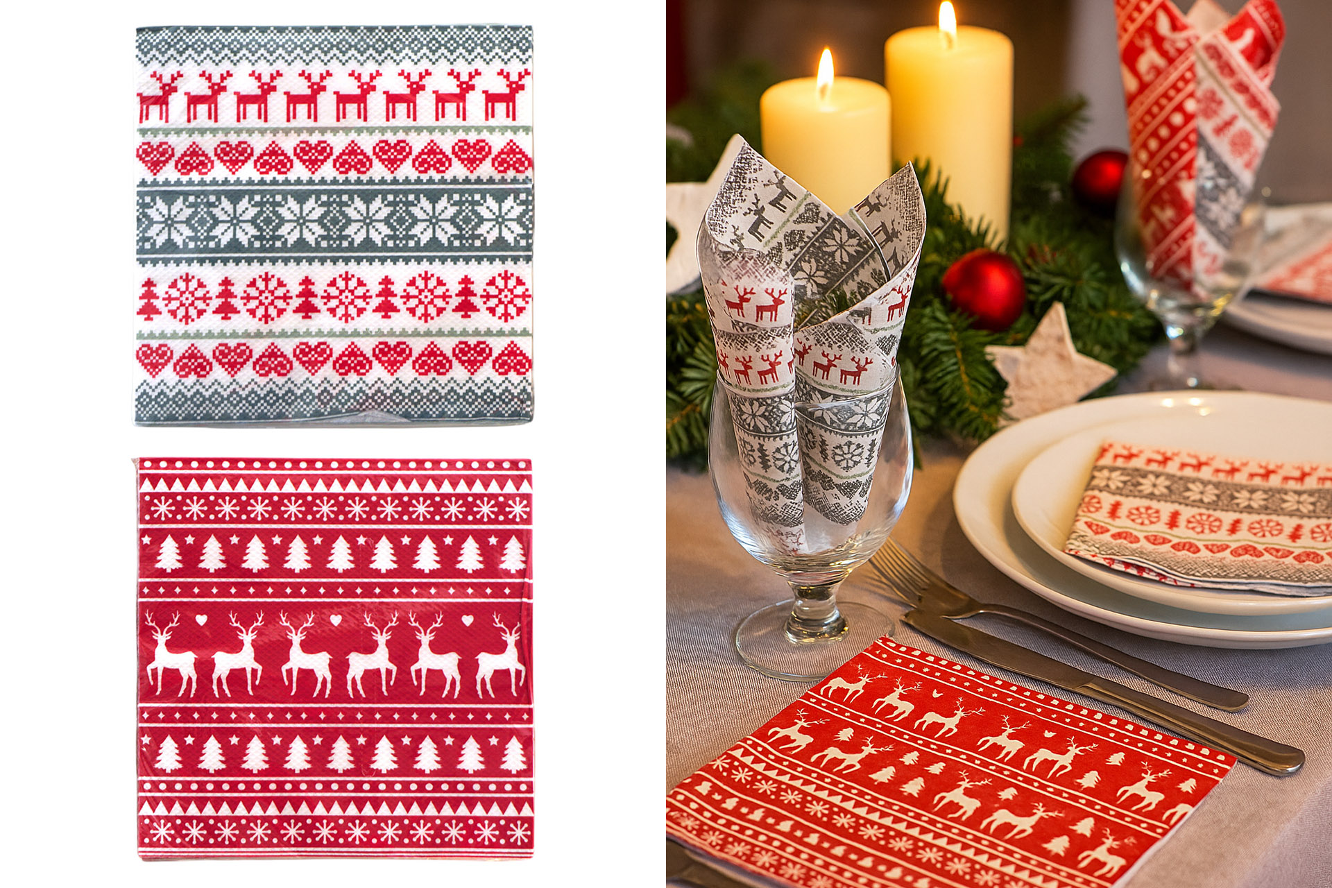 Servietten "Strickmuster" 33x33cm, ¼ Falz, 3-lagig, 20er Pack, 2 Designs