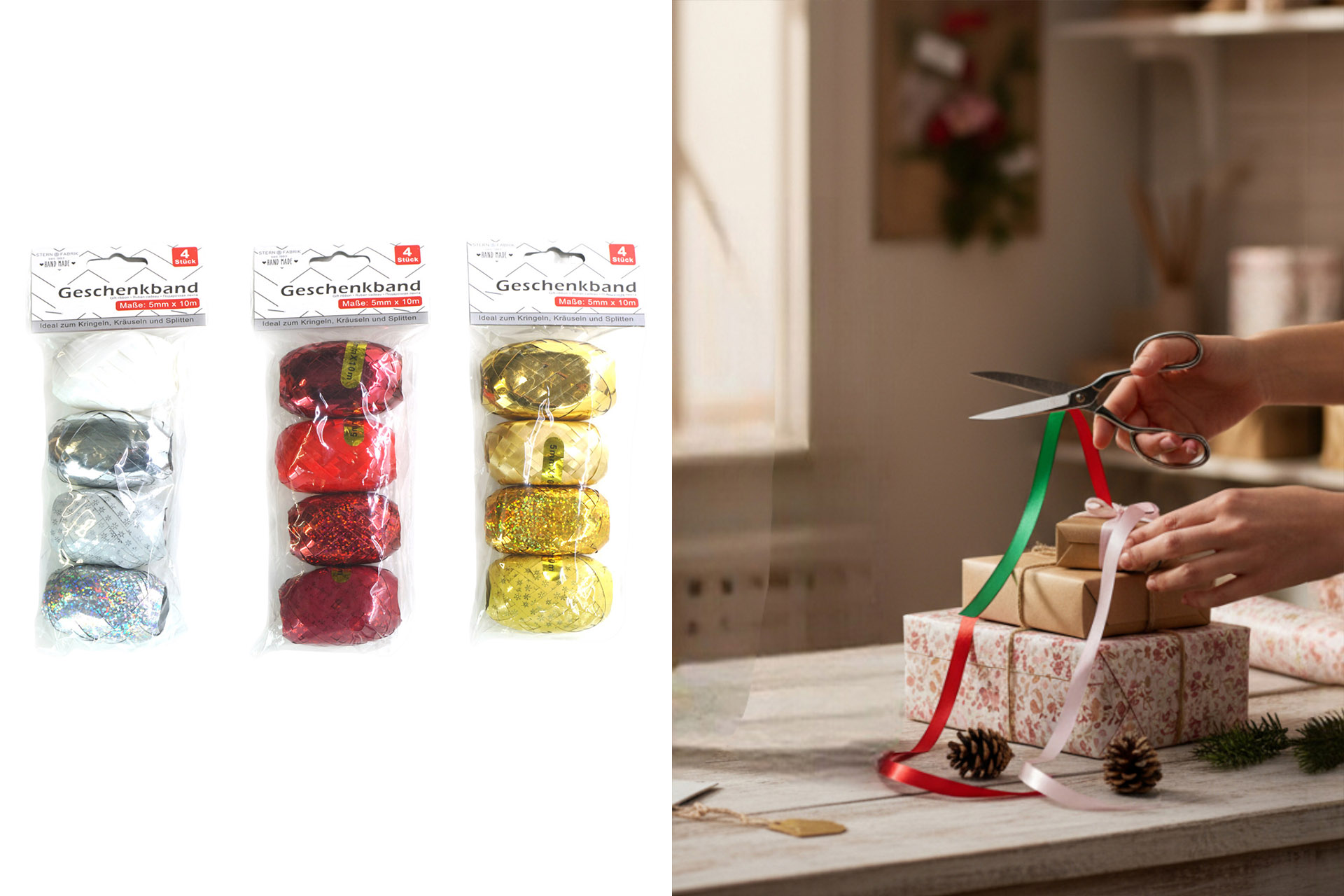 Geschenkband Eiknäul silber, rot, gold, 4er Pack
