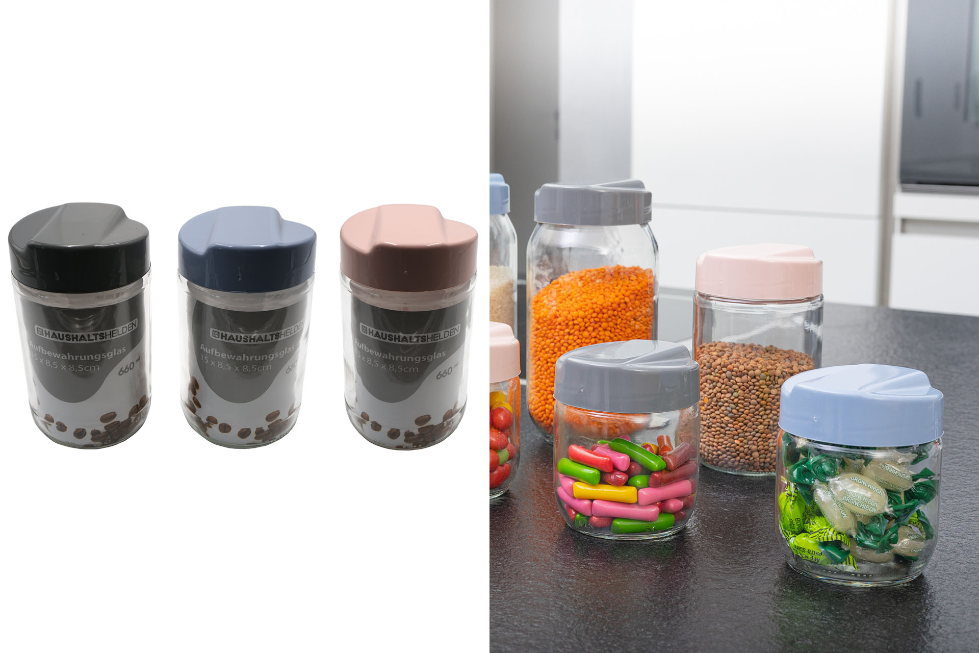 Vorratsglas, 15x8,5x8,5cm, 660ml, 3 Farben