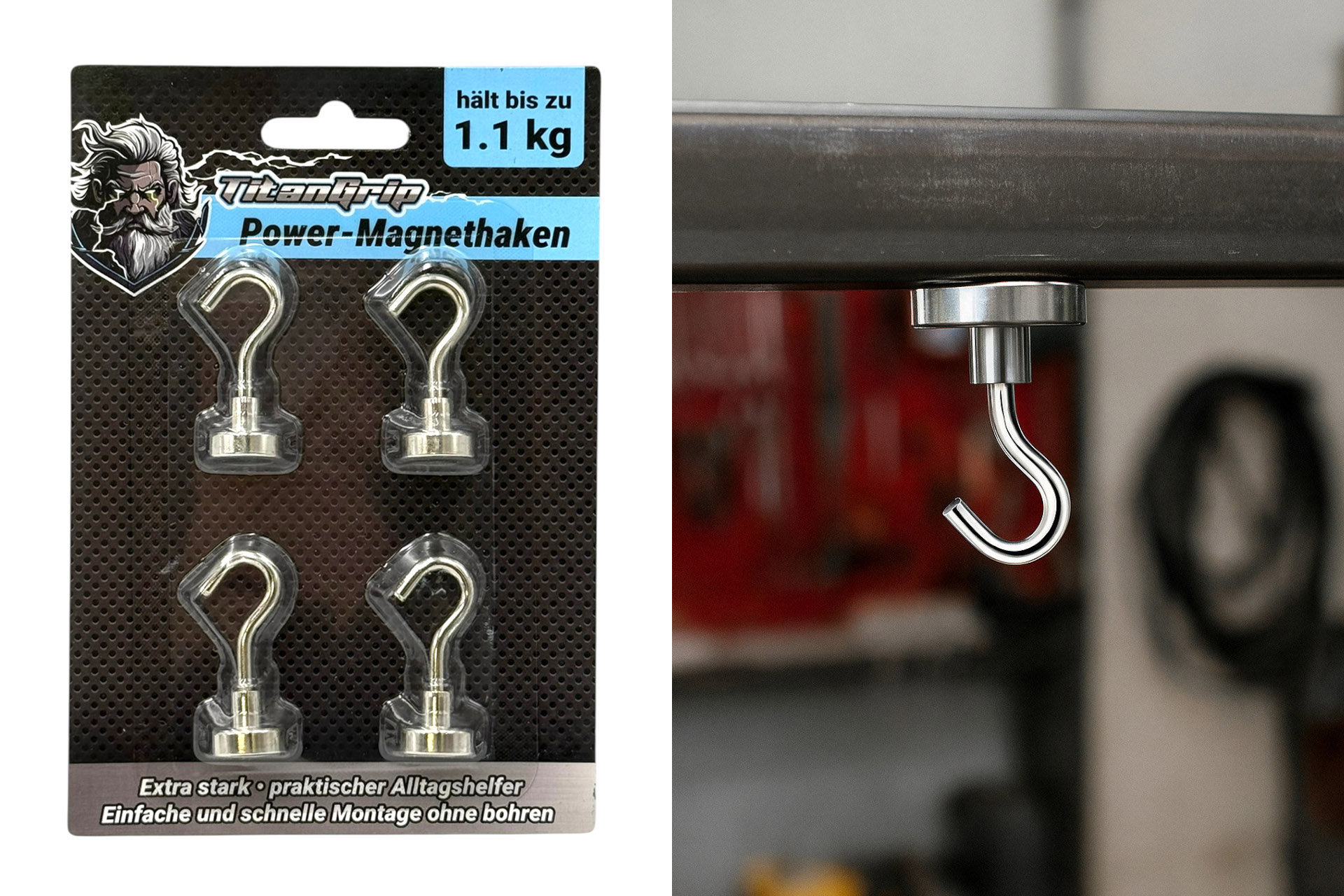 Power-Magnethaken, hält bis zu 1,1kg, 4er Set, 4x1,6cm